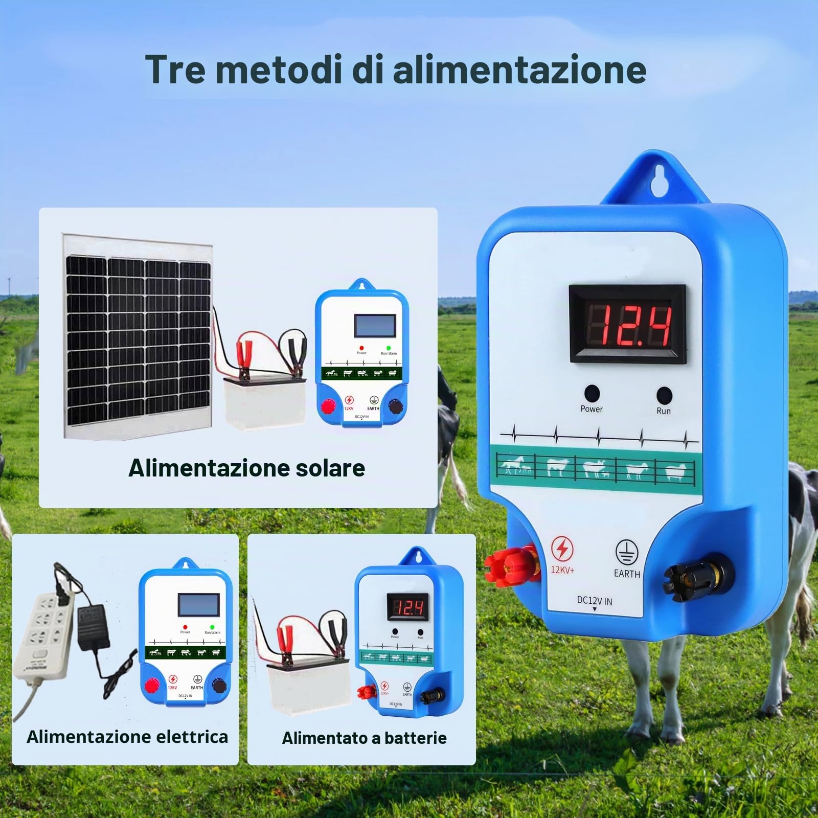 Recinto Elettrico per Animali，Pastore Elettrico Solare Alta Potenza 3 Modalità Energizzatore per Recinzione Elettrica per Contenere il Bestiame e Impedire l'intrusione di Animali Selvatici. (blu)