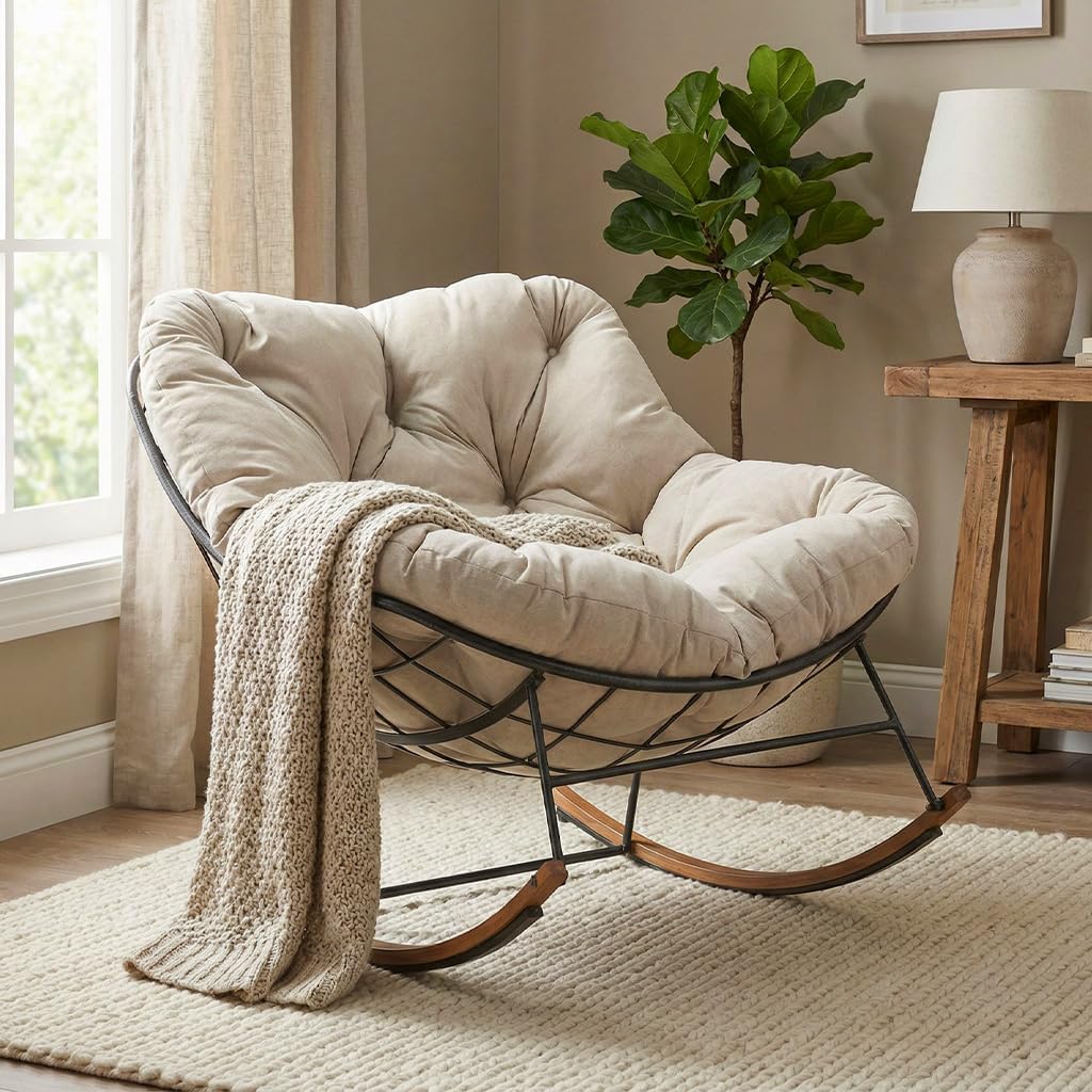 Outdoor Rocking Chair, 400 lbs Sturdy Frame with Thick Cushion,Patio Papasan Chair for Bedroom, Living Room, Porch, Garden(Beige)