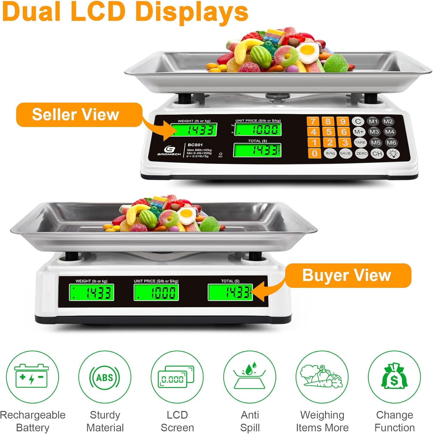 Price Computing Scale 88lb/40kg Commercial Food Scale for Produce Meat with Stainless Steel Large Platform, LCD Display, and Green Bright Backlight for Farmers Markets, Deli, (Not for Trade) - Image 3