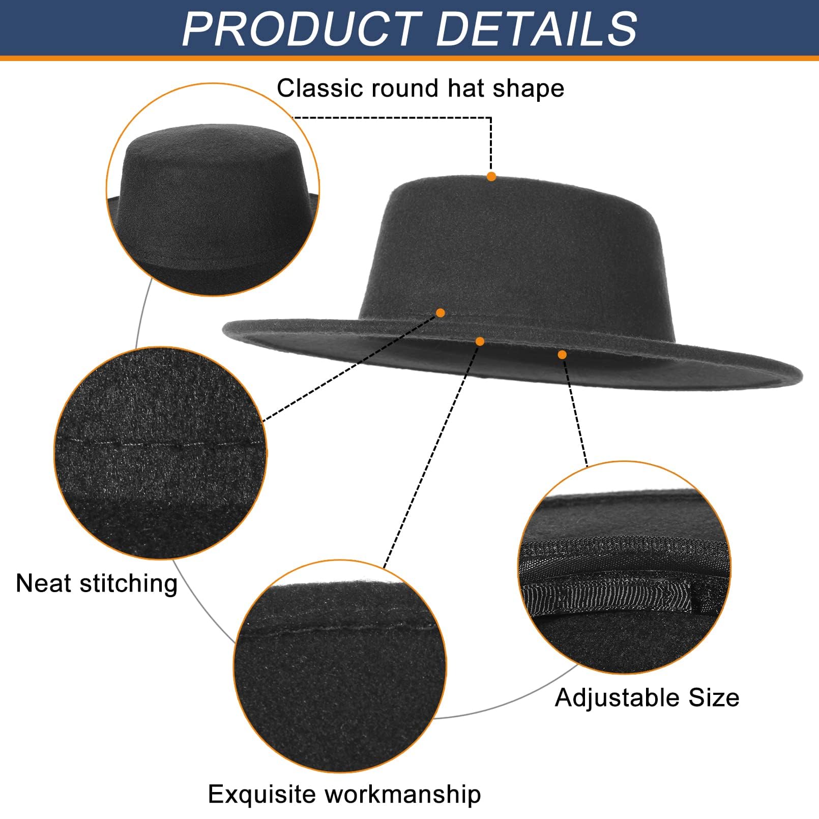GEMVIE Fedora Hut mit Breite Krempe Damen Herren Filzhut Flache Kirche Derby Hut