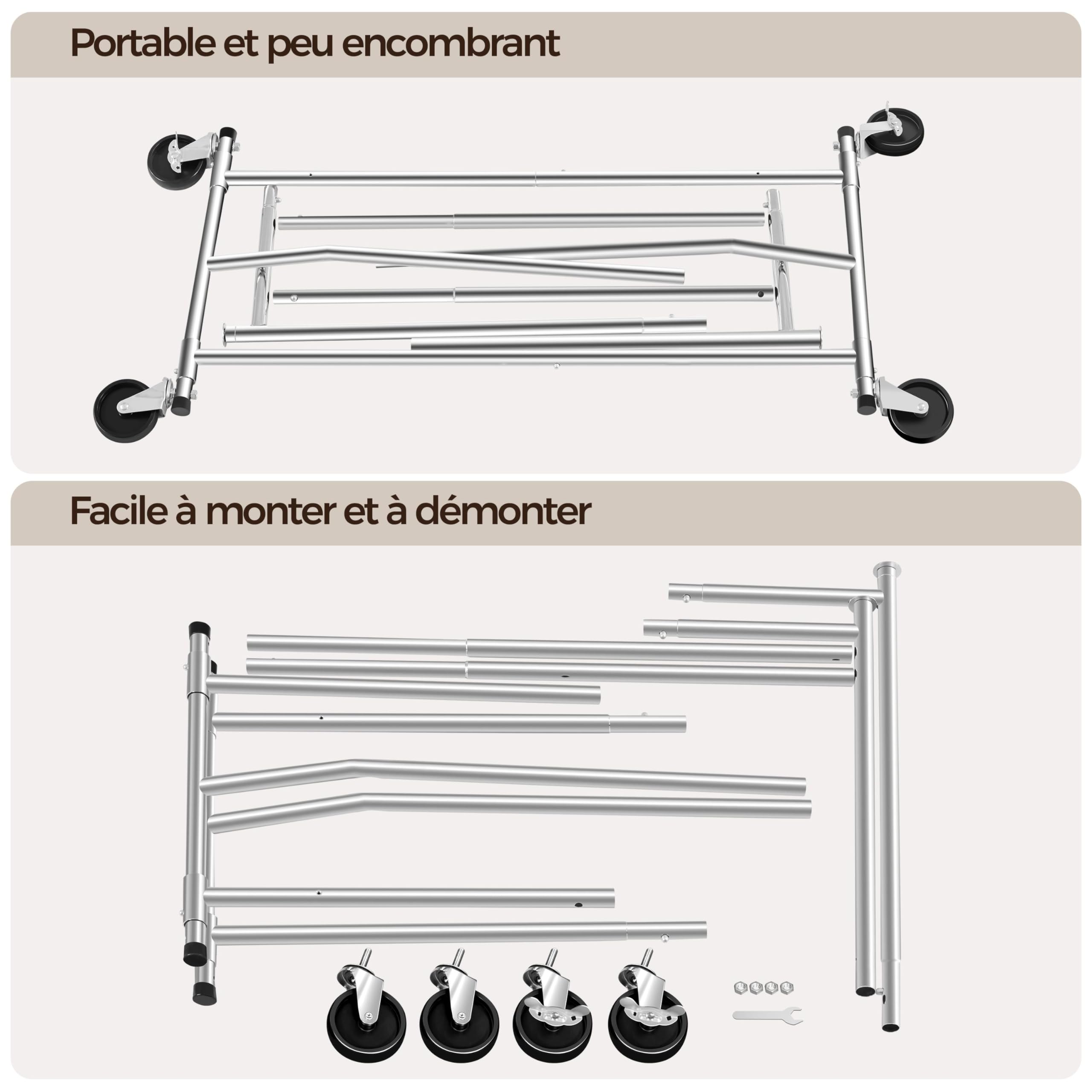 Yaheetech Portant à Vêtement Porte-manteau avec Etagères à Chaussures Métal Chromé Plus Long Haut Large Réglable Pliable avec Roulettes Mobile Charge 90kg, 190 x 55 x 178 cm