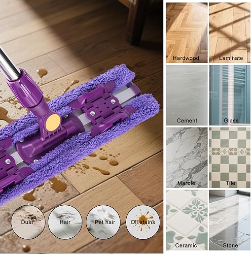 Miniatura 4 de ITTAR Trapeador de polvo de 16 pulgadas para limpieza de pisos, trapeador plano con mango largo de acero inoxidable, 5 almohadillas reutilizables