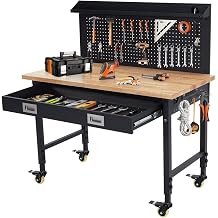 48 24 1.2in Rubber Wood & Cold Rolled Steel Garage Workbench - 9ft UK Plug Power Strip, Drawers, Pegboard, LED Light, Heavy Duty Workshop Bench