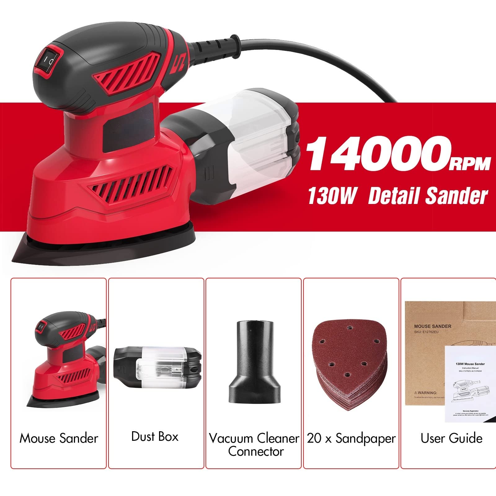 Levigatrice 130W 14000RPM Levigatrice Elettrica Compatta con 20 Pezzi di Carta Vetrata Efficiente Sistema di Raccolta Della Polvere per Lavori di Levigatura Nella Decorazione Domestica e Fai da te