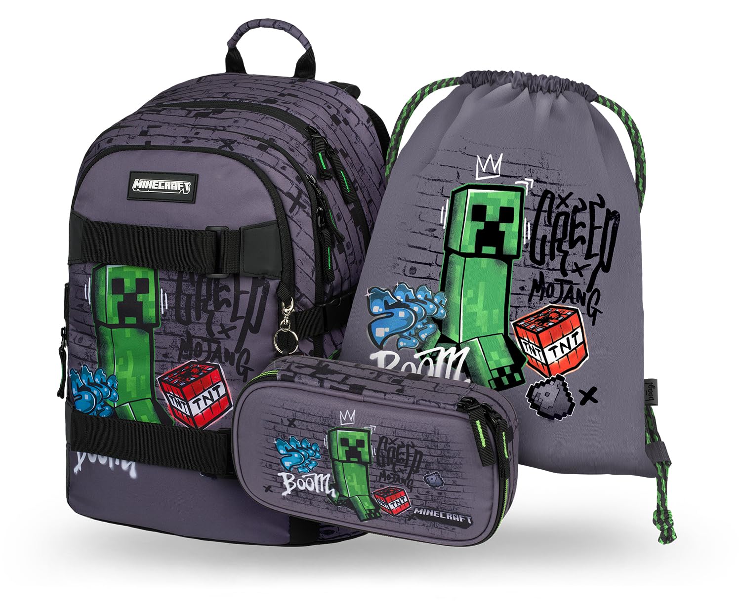 Baagl Set Di 3 Zaini Per La Scuola Elementare Con Cinghia Toracica, Zaino Per La Scuola Elementare Con Fascia Toracica, Zaino Ergonomico Minecraft, 29 × 43 × 20 Cm-image