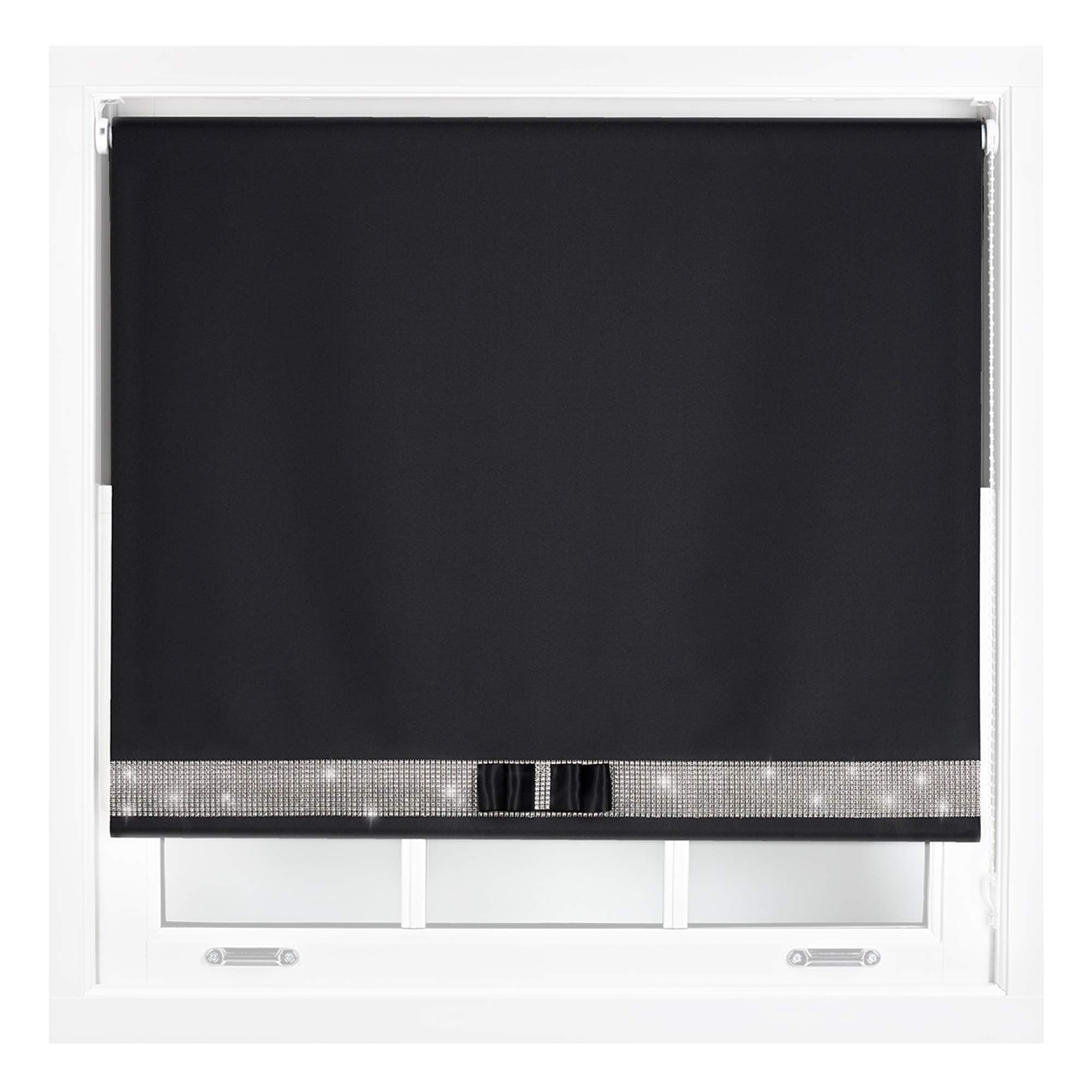 Furnished Black Diamante Out Blinds With Bow - Decorative Diamond Sparkle Design Roller Blind Cut To Size Up To 210W X 165L Cm