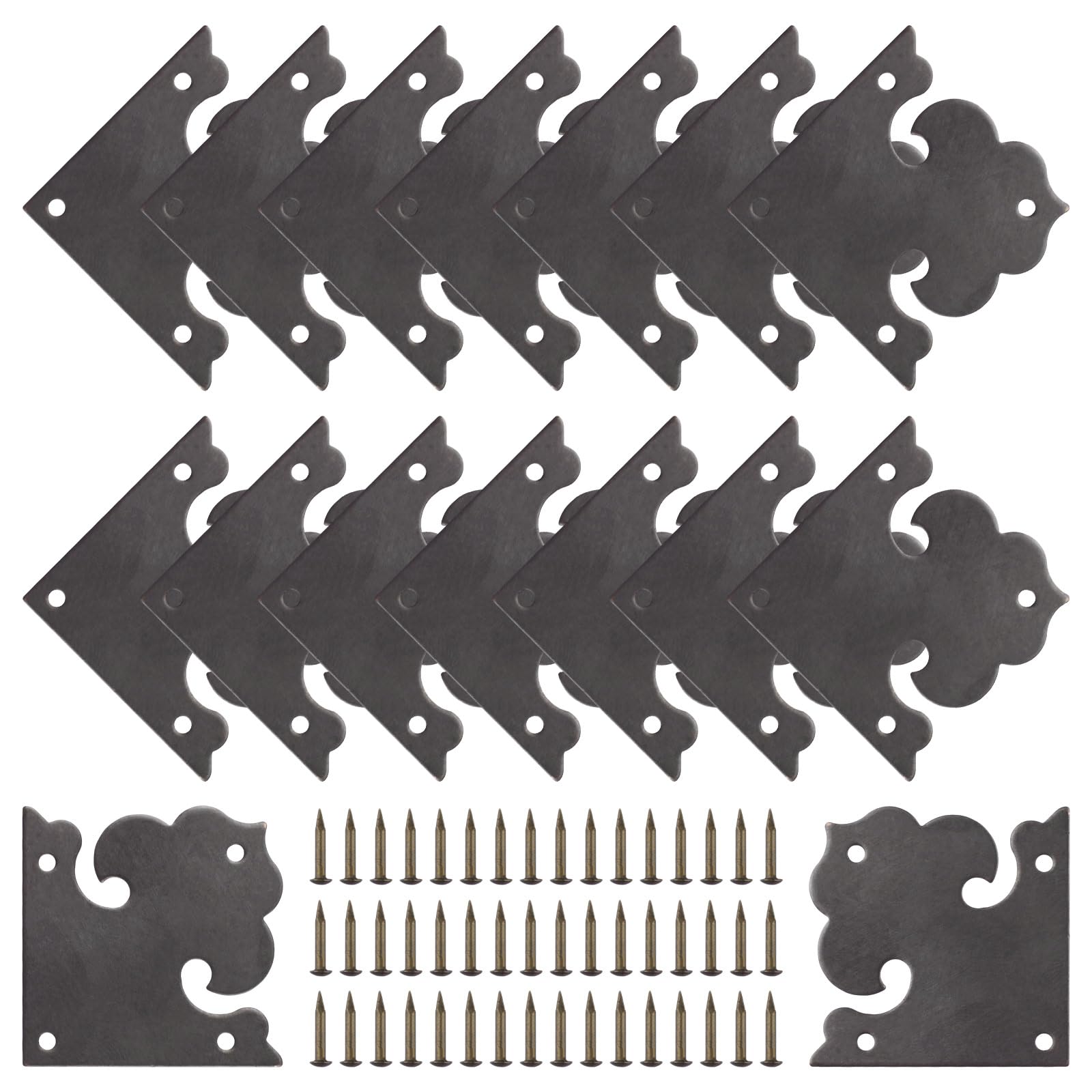 INCREWAY Brass Flat Corners Bracket, 16PCS Decorative Brass Box Corner Protector, Floral Right Angle Bracket for Cabinet Door (Black)