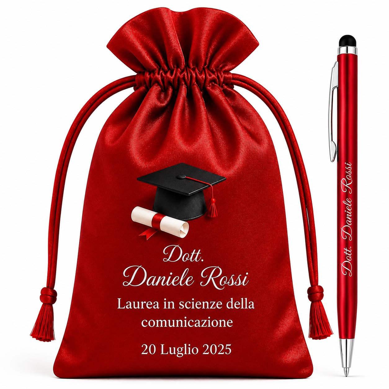 Cormar Kit Bomboniere Laurea Personalizzate, Rosso, 12 Sacchetti in Raso con 12 Penne Personalizzate, Nome, Facoltà e Data (STILE 3)