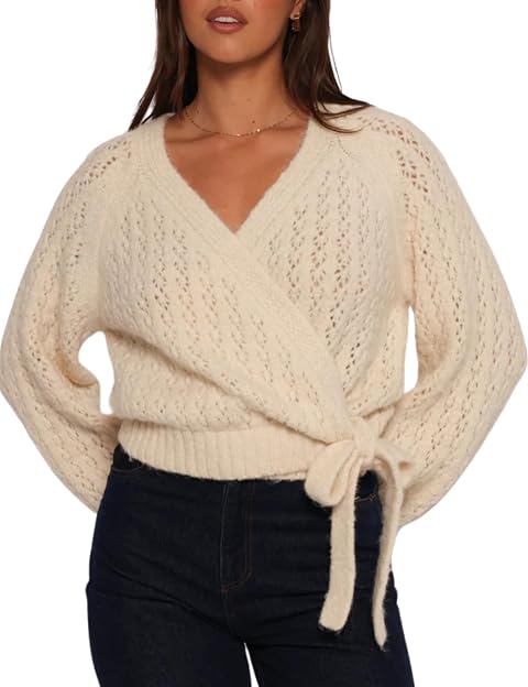Esmeling Women Bow Tie Wrap Sweater V Neck Lantern Sleeves Knitwear Solid Pullover Cropped Cardigan