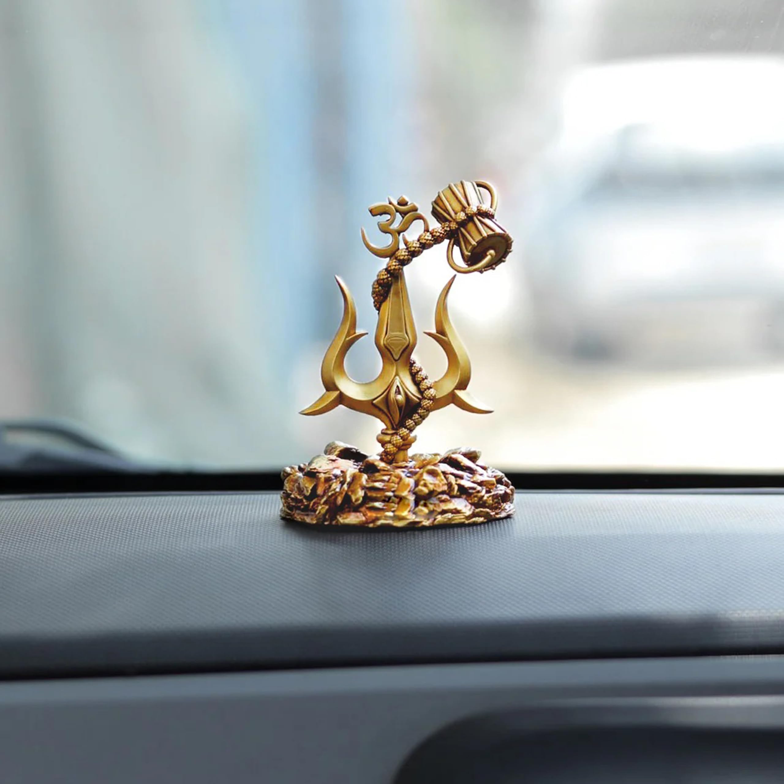 Zig Zag Handcrafted Shiva Trishul with Damru Showpiece for Pooja, Decoration & Car Dashboard – Antique Base, 3.9 Inch, Golden