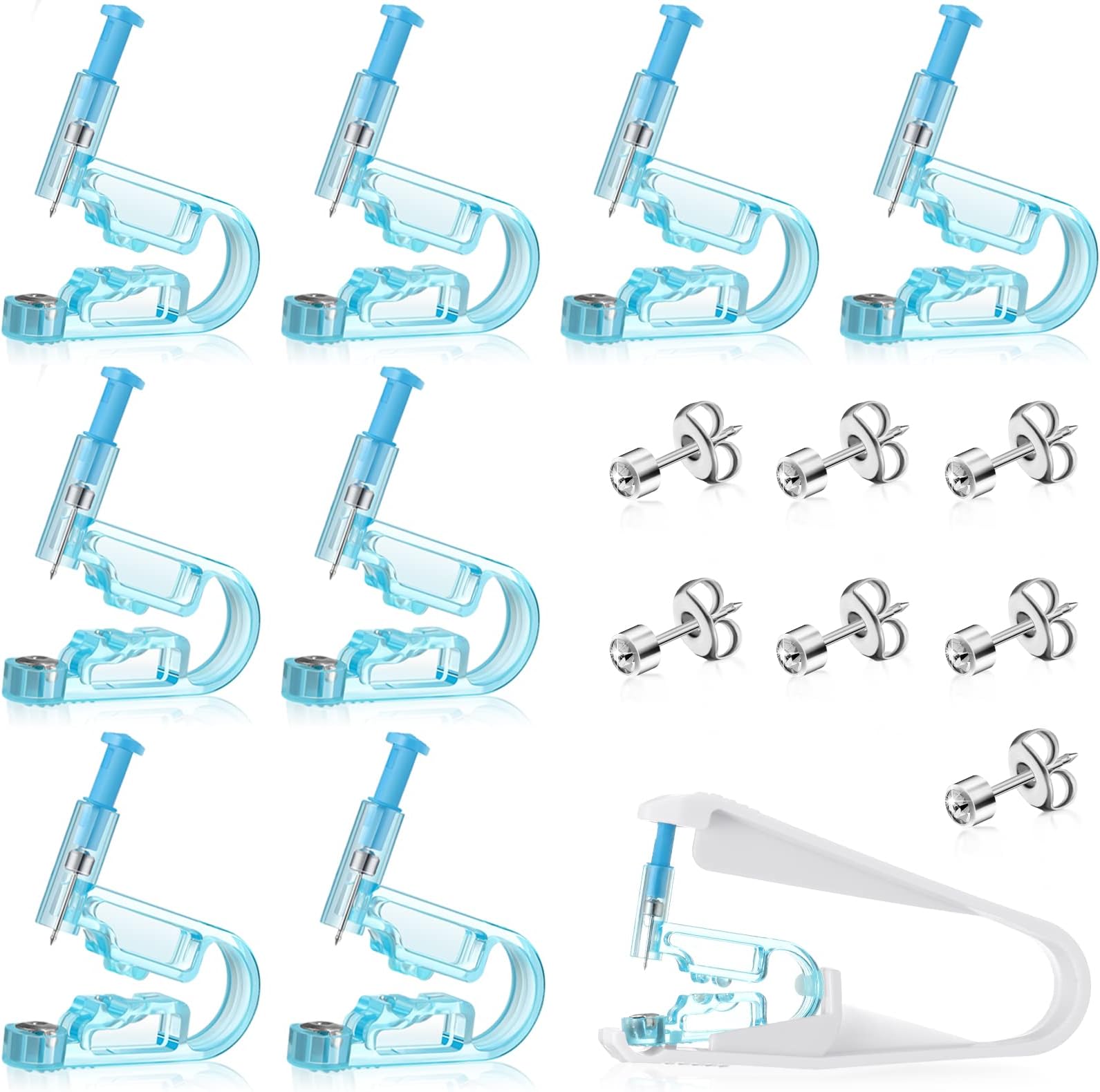 8 Pieces Ear Piercing Kits Disposable Ear Piercing Gun Portable Self Pierce Kit Blue Gun Piercing Kit Ear Piercings with Ear Studs Assistant Tool for Earlobe Auricle Piercing at Home