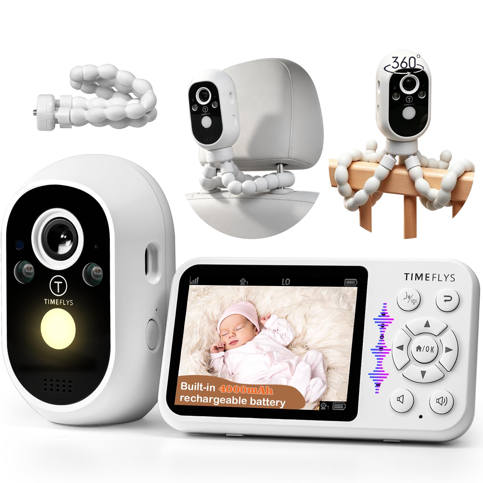 Camara Vigilancia Bebe 4,3", 1080p Visión Nocturna Por Infrarrojos, BateríA De 4000mAh, ComunicacióN Bidireccional, 2x Zoom, ECO/IPS/VOX, 8 Canciones De Cuna, Soporte, TransmisióN Fhss De 400M