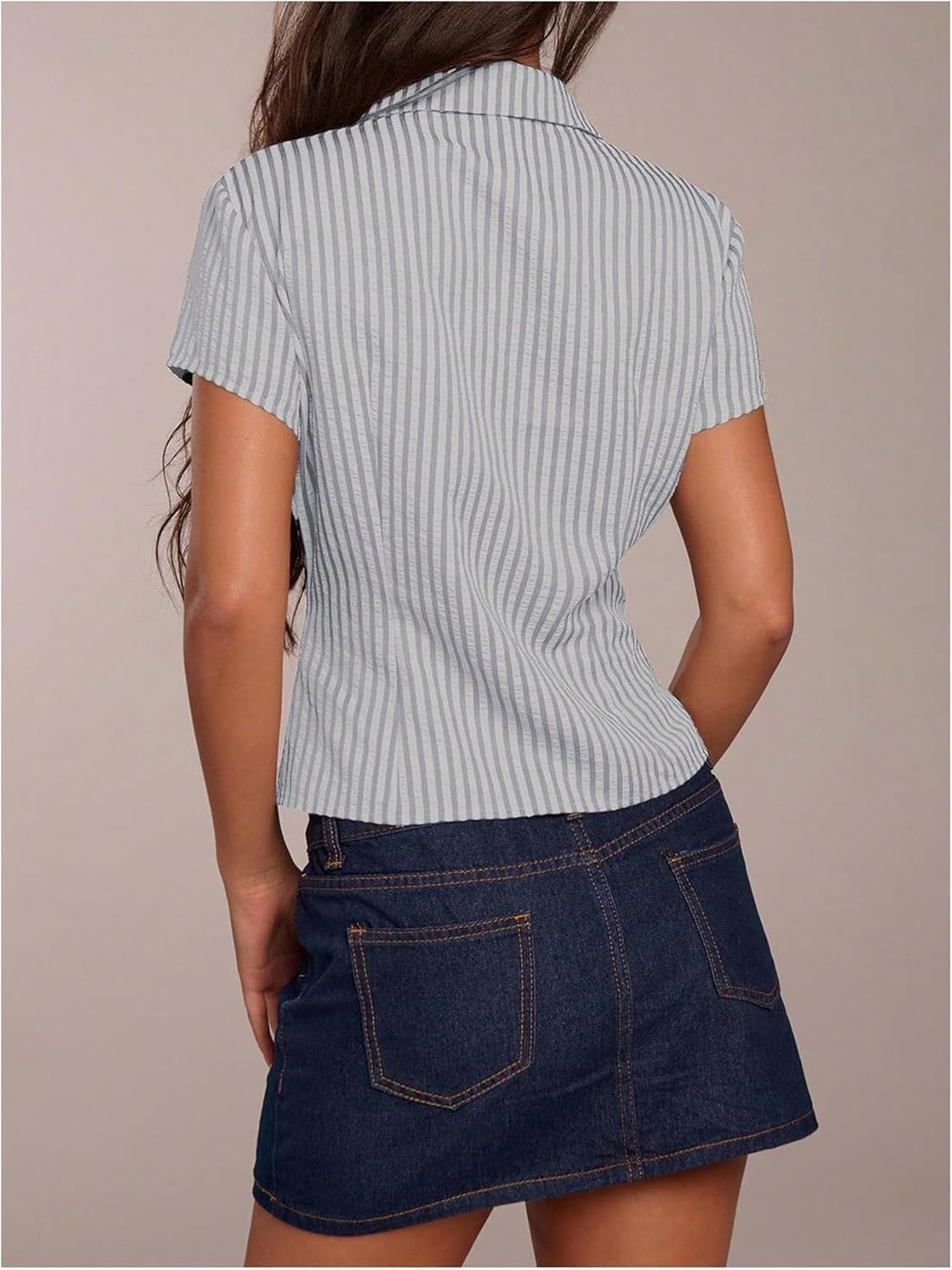 OYOANGLE Women's Striped Short Sleeve Button Down Blouse Y2K Fitted Ruched Collared Shirt Tops - Image 3