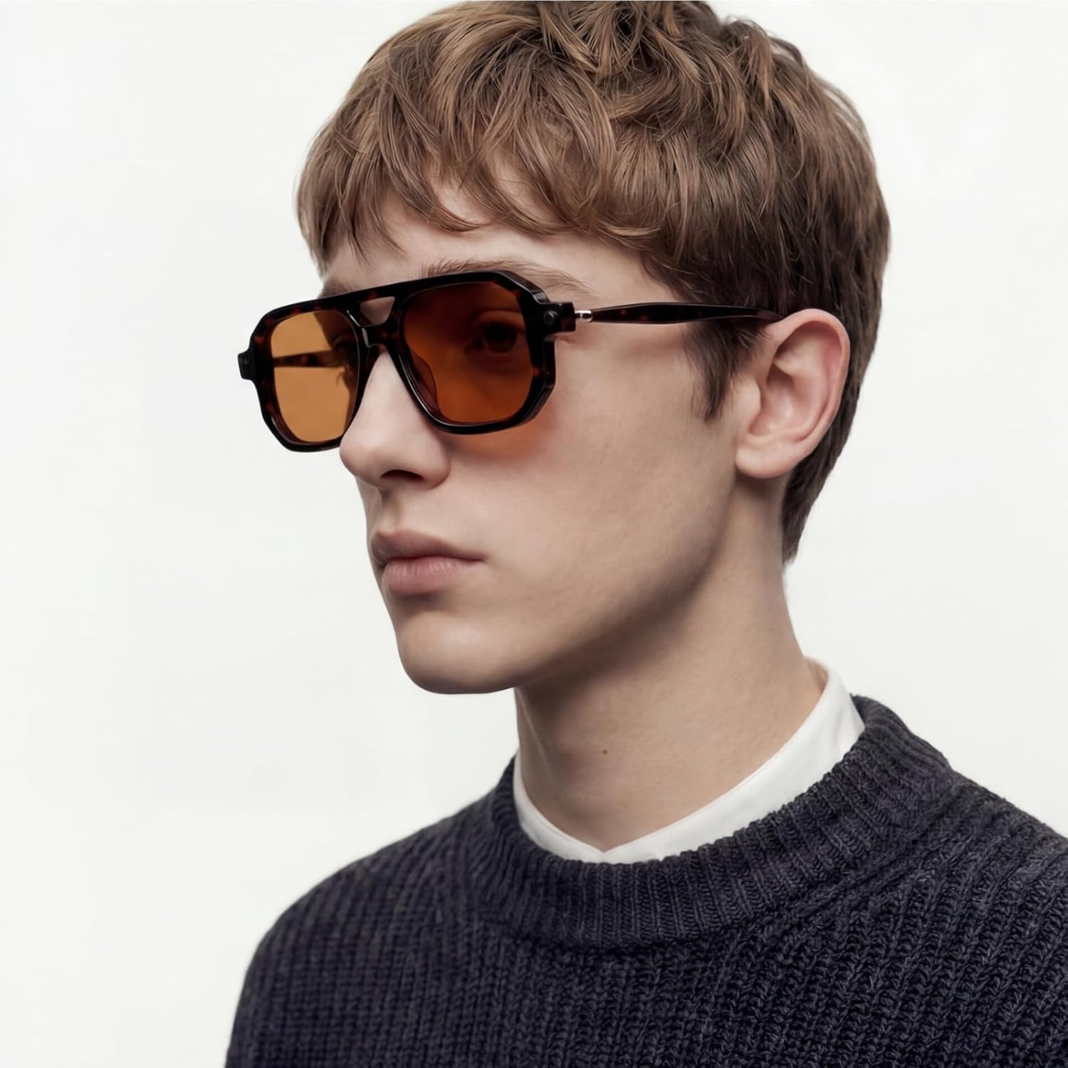 Men’s Aviator-Style Acetate Sunglasses – Angular Frame with Double Bridge, Spring-Hinge Temples & UV400 Protection