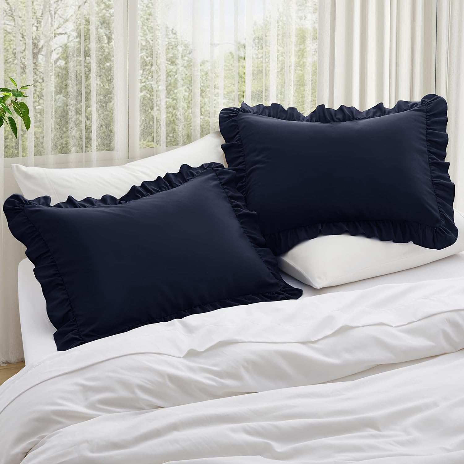 KKJIAF Ruffle Pillow Cases Queen Size Set of 2, Ruffled Pillow Covers with Envelope Closure, Wrinkle Resistant Ruffled Pillow Shams 20 x 30, Navy Blue