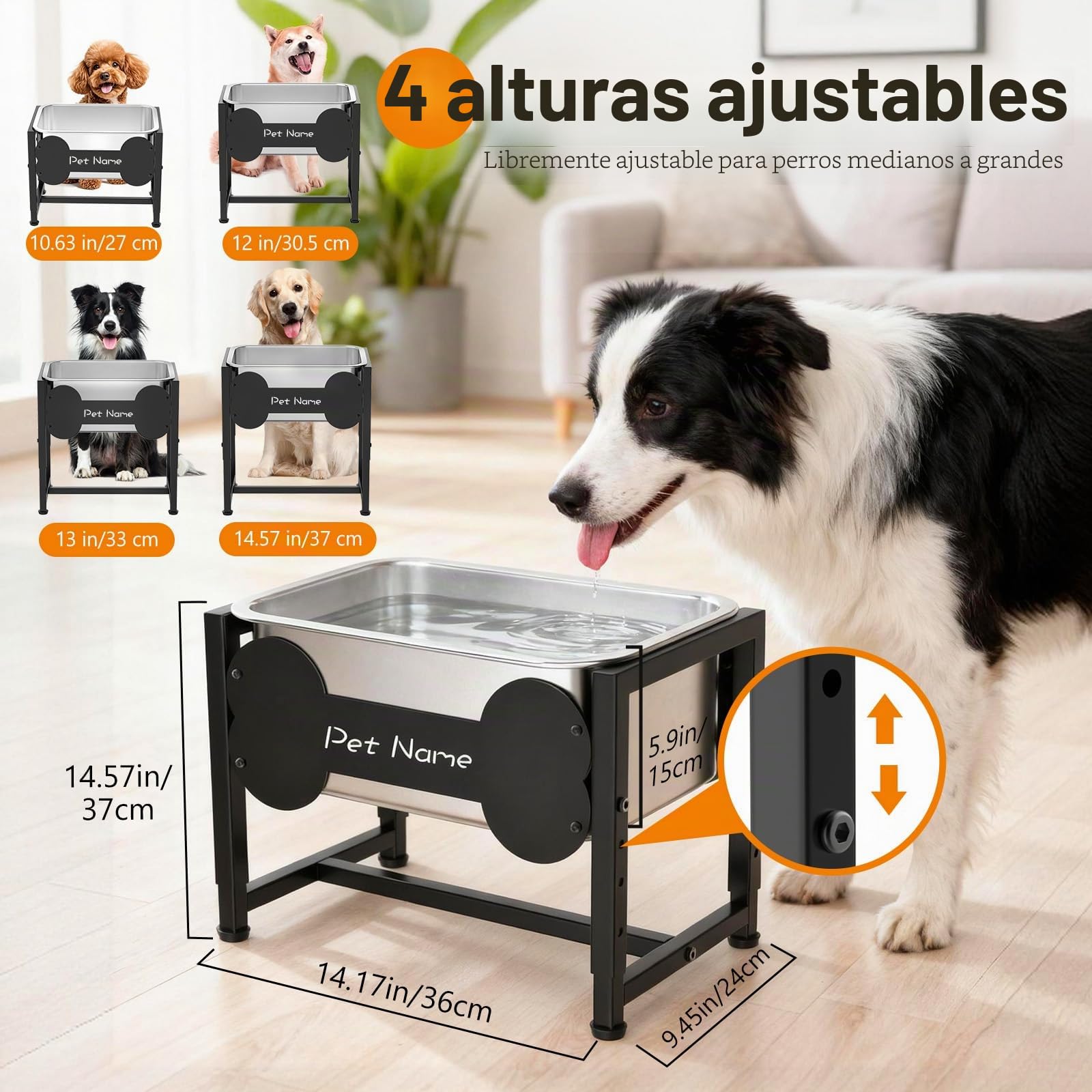 Comedero Elevado para Perros, 9L Bebedero de Acero Inoxidable con Altura Ajustable para Razas Grandes, Cuenco de Agua para Perros con Soporte Metálico, Alivia Presión Articular, Fácil Limpiar
