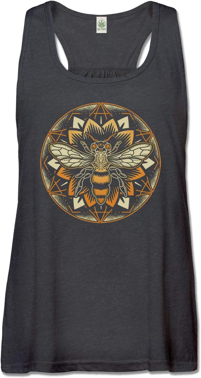 Soul Flower Women's Bee Mandala Recycled Racerback Tank - Black Organic Cotton Graphic Sleeveless Yoga Top