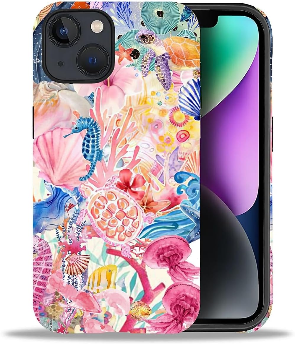 DAIZAG Phone Case Compatible with iPhone 13/14,Pink Sea Creature Turtle Mixed 2 Layer Soft Silicone+Hard PC Ddouble Protection Ultra-Thin Phone Case for iPhone 13/14