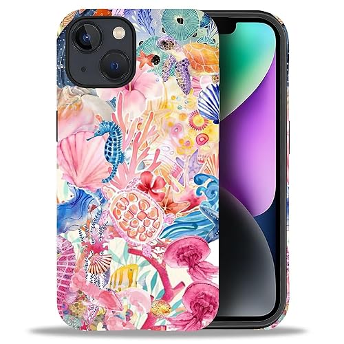 DAIZAG Phone Case Compatible with iPhone 13/14,Pink Sea Creature Turtle Mixed 2 Layer Soft Silicone+Hard PC Ddouble Protection Ultra-Thin Phone Case for iPhone 13/14