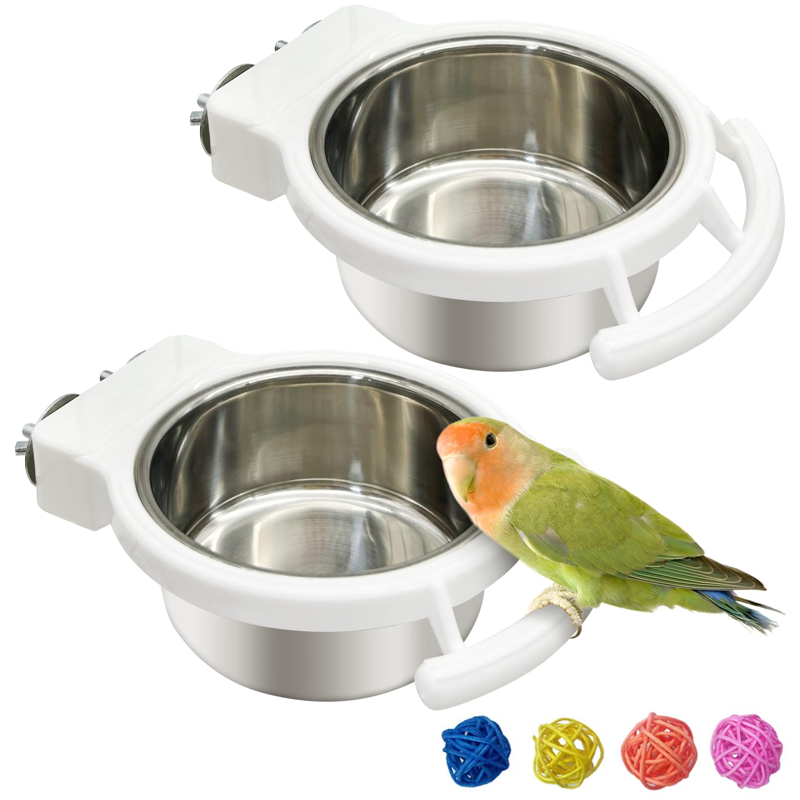 Stainless Steel Bird Bowls for Cage 2 Pcs Parrot Feeding Dish Metal Food and Water Cups Detachable Birds Cage Feeder Hanging Finch Food Plates with Perch for Parakeet Budgie Lovebird (White)