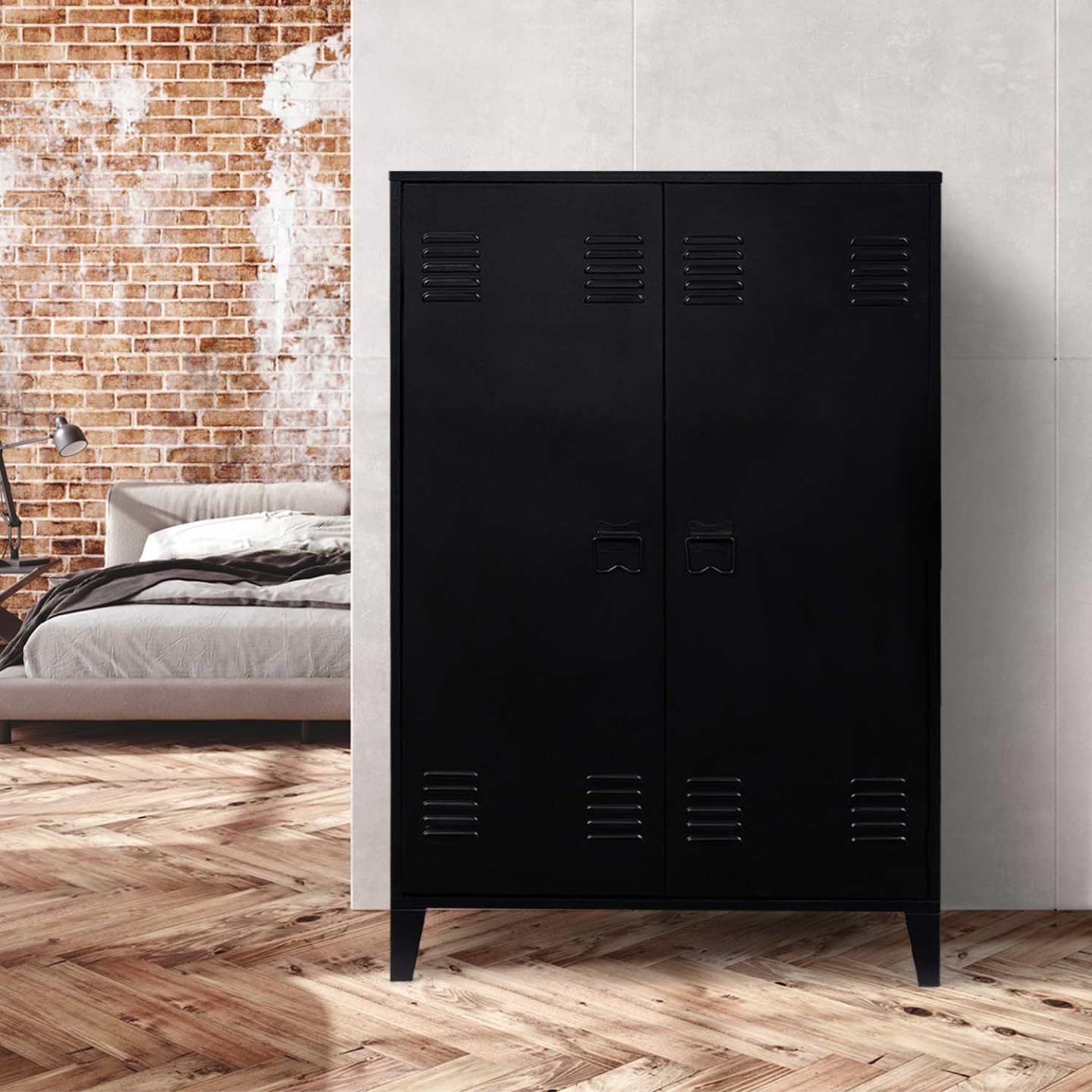 IDMarket – Armario bajo ESTER de 2 puertas de metal negro, diseño industrial