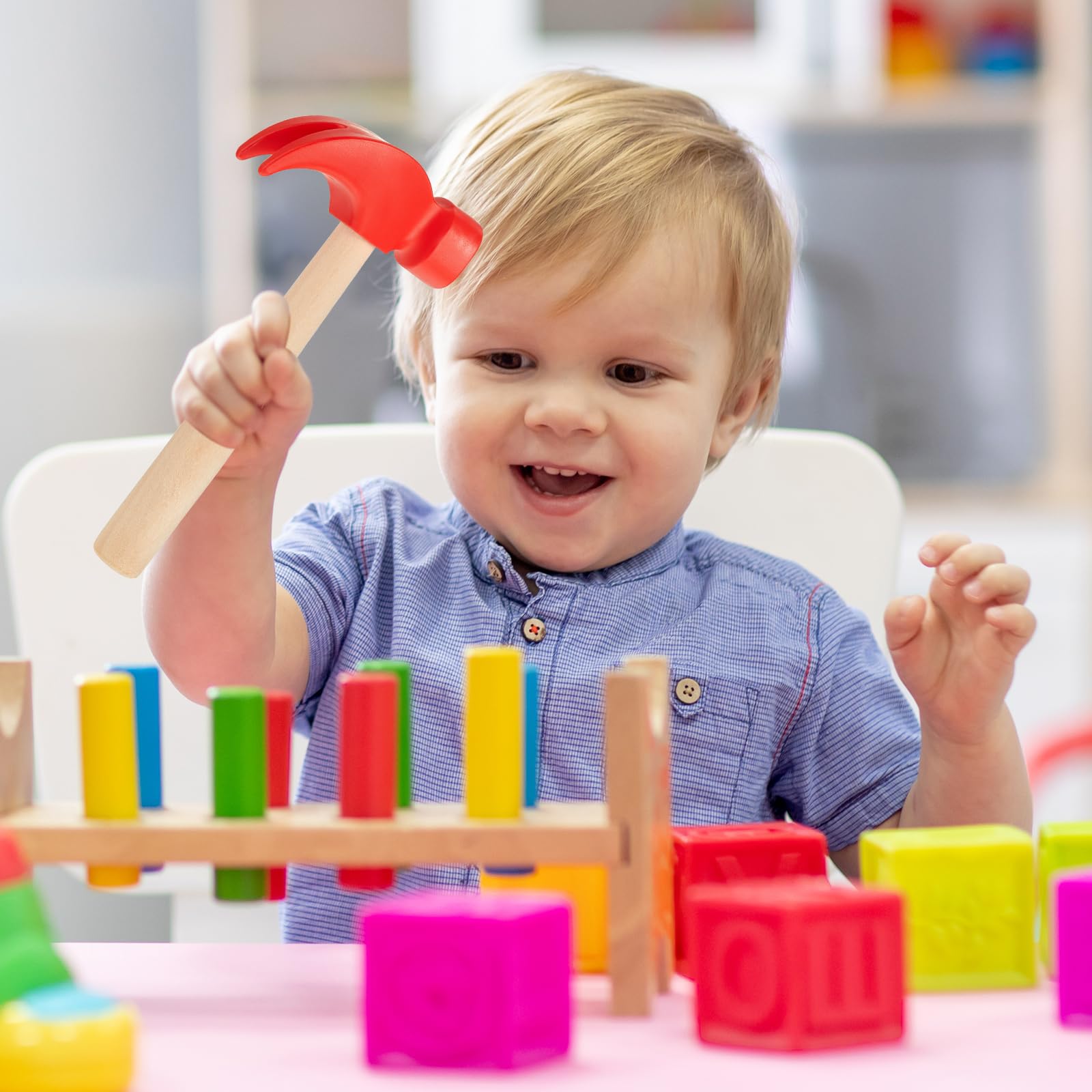 Martillo de madera, 16 martillos de simulación, herramientas de juguete de mantenimiento, juguetes educativos para regalo escolar, juegos de fiesta de cumpleaños (rojo, martillo) 7