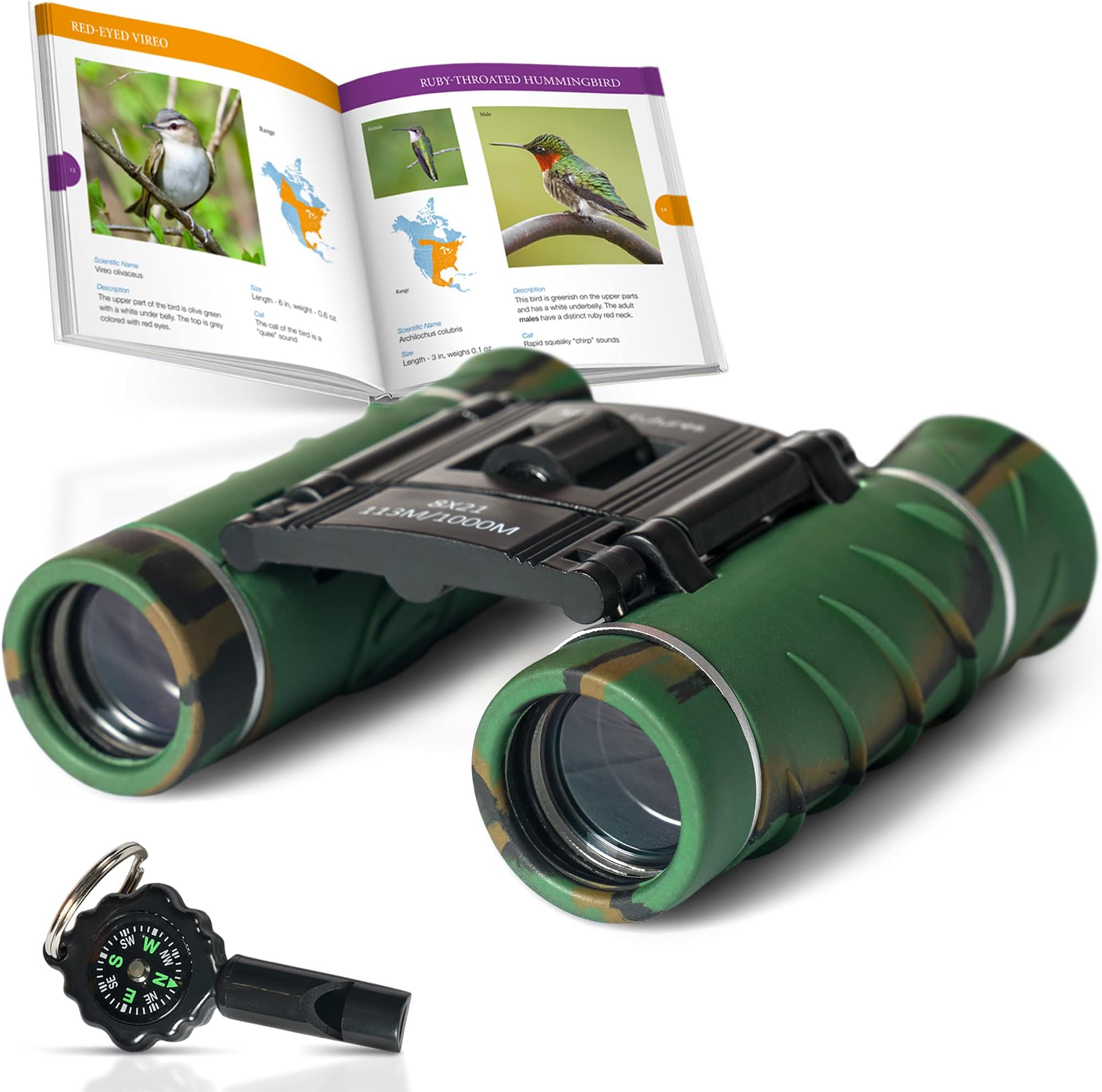 Aluminum Grade Binoculars for Kids, Binoculars for Girls & Boys, Easter Basket Stuffers, Toddler Binoculars for Camping & Bird Watching, Easter Gifts, Boys Outdoor Toys w/Book, Compass & Whistle
