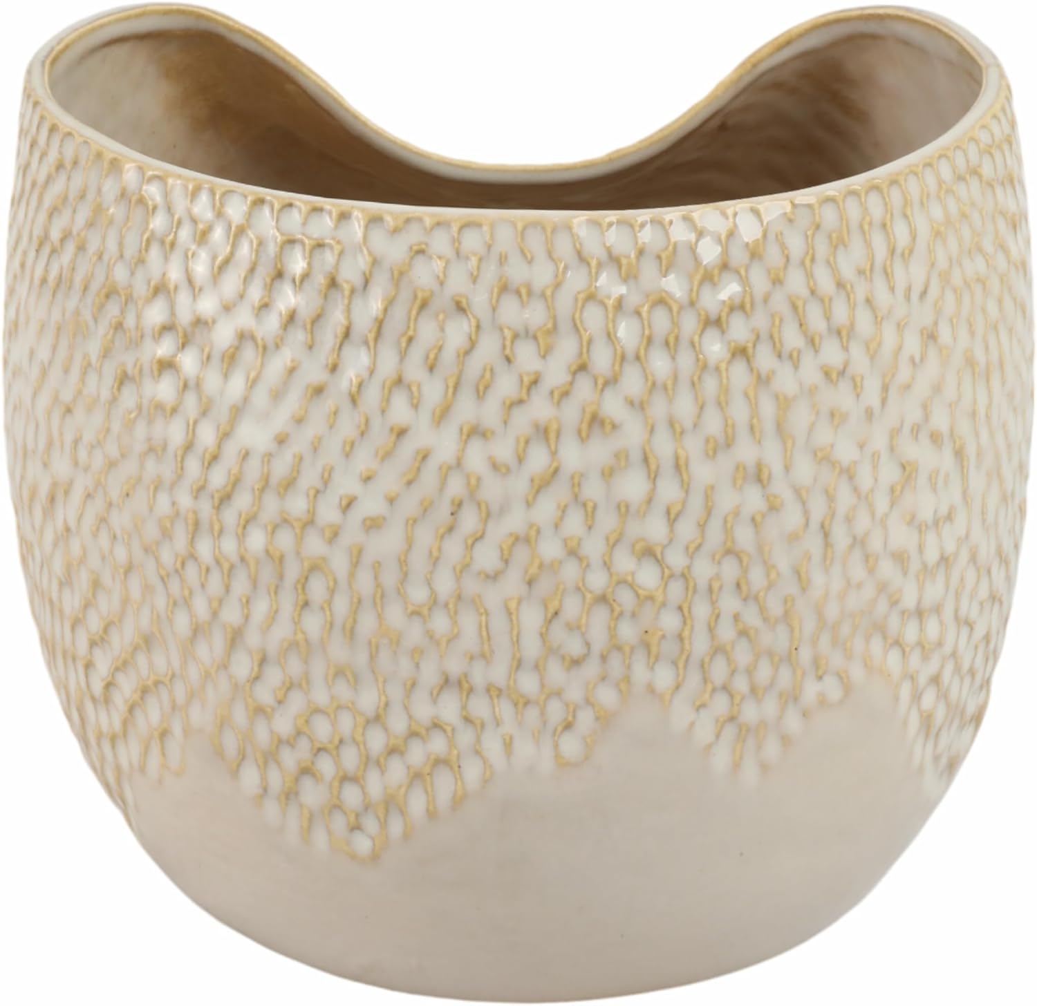 Modern Pottery Vase with Scalloped Rim for Living Room Decor - Decorative Rounded Open Form Display for Room, Bedroom and House Accent - Flower Vase for Office, and Table Statement - 7", Cream