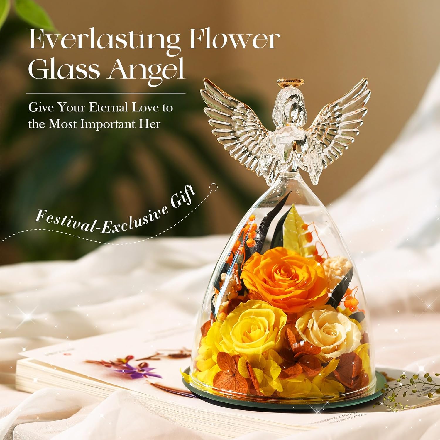 Valentines Day Roses Gifts for Women,Preserved Real Flowers Roses in Glass Angel Figurines,Valentines Day Gifts for Women Mom Wife Girlfriend./Yellow - Image 2