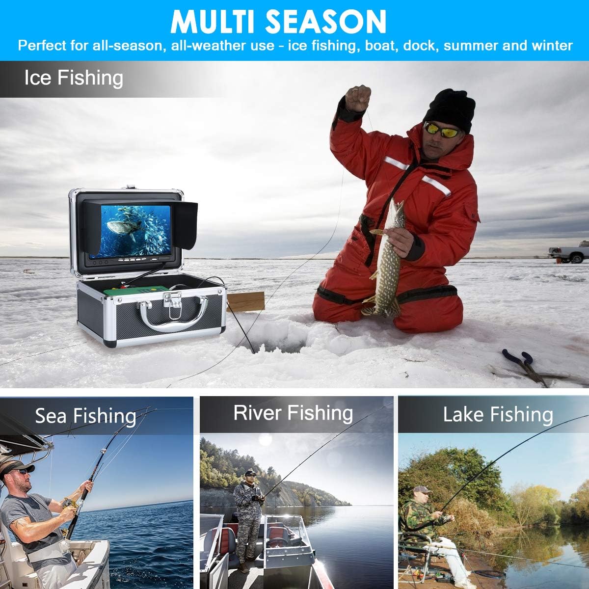 Anysun underwater camera system being used for ice fishing, sea fishing, river fishing, and lake fishing