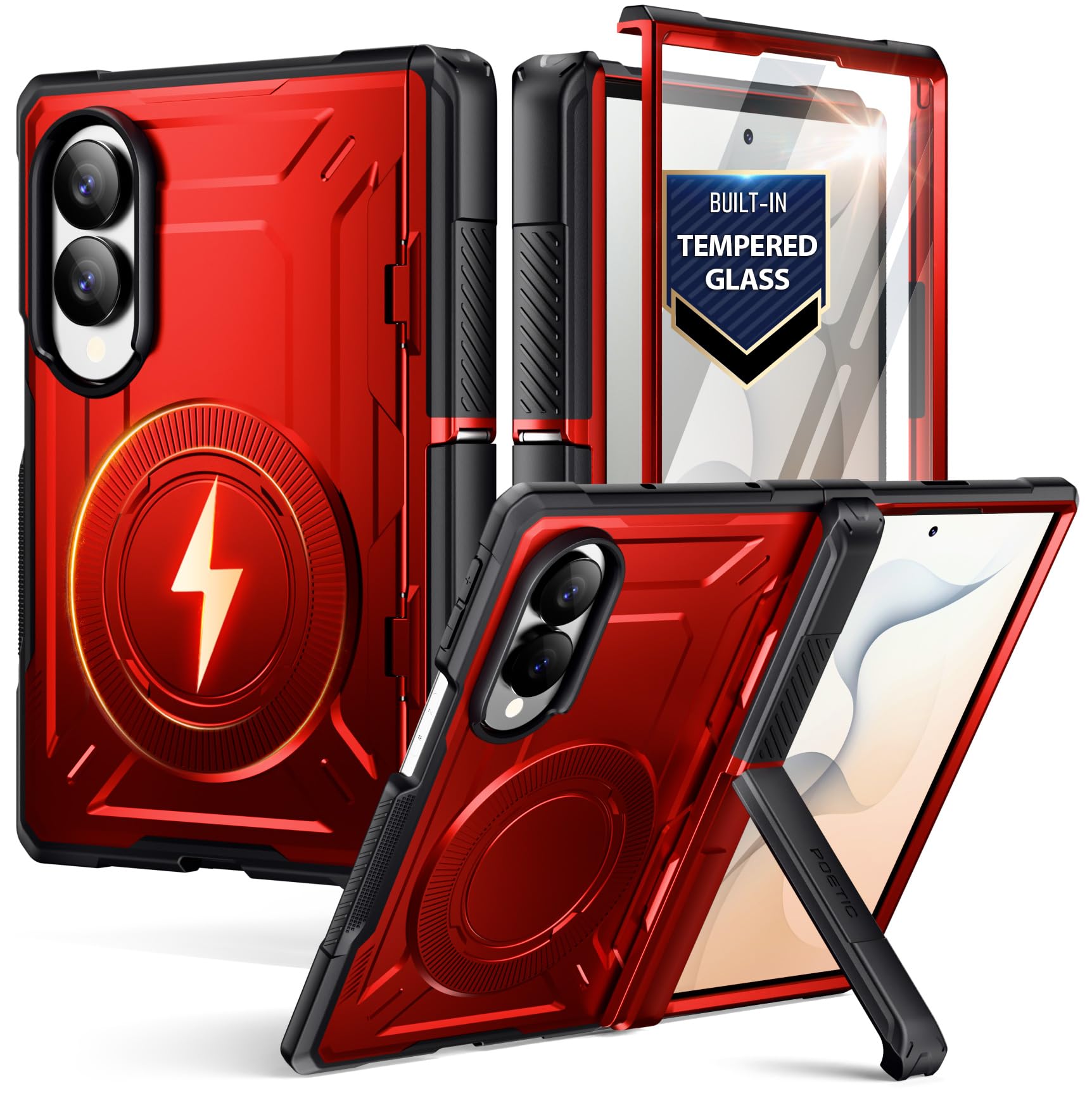 Poetic Custodia protettiva per Samsung Galaxy Z Fold 8, con cerniera, compatibile con MagSafe, pellicola protettiva in vetro temperato, robusta, antiurto, con cavalletto, colore: rosso metallizzato
