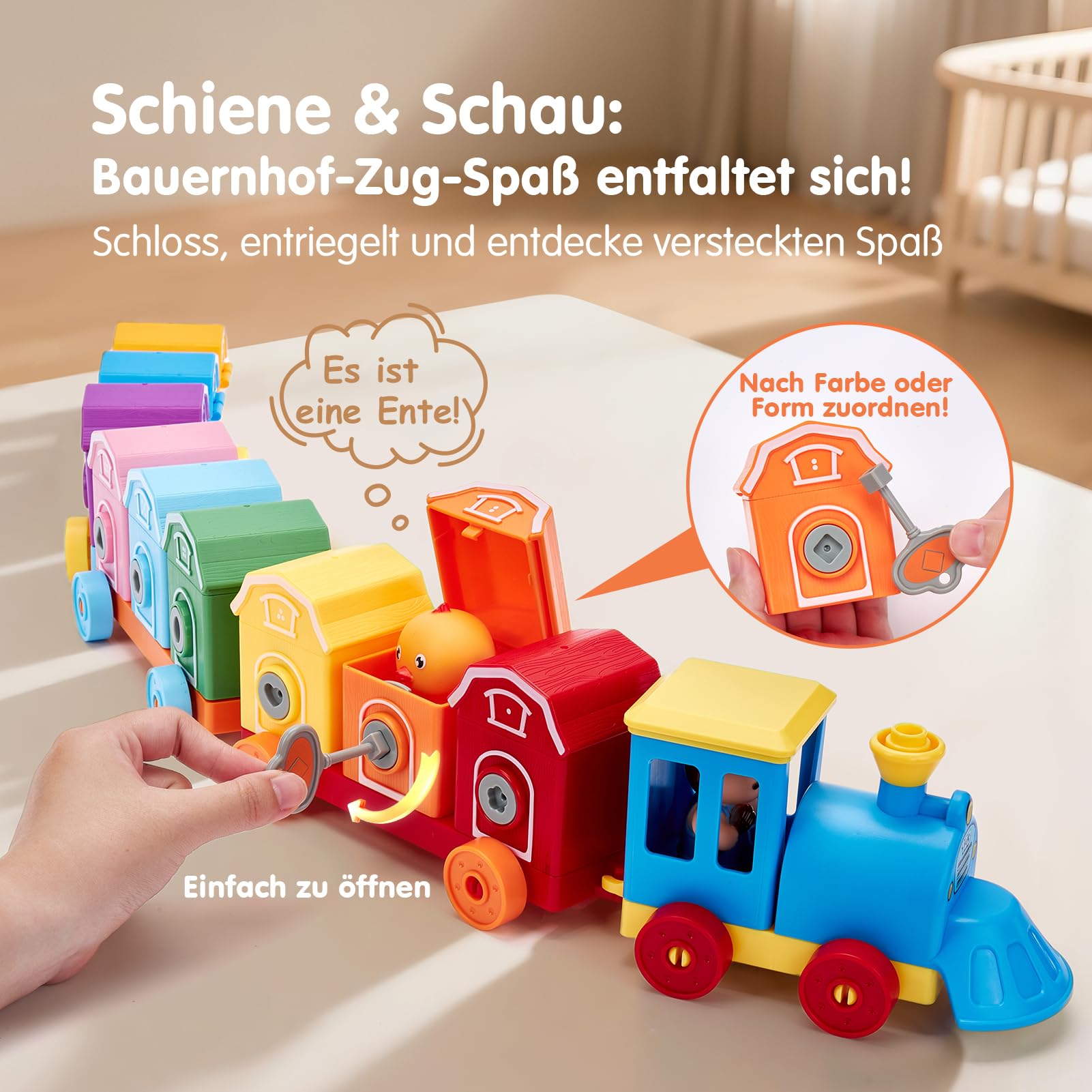 hahaland Bauernhof Montessori Spielzeug 2 Jahre mit Bauernhoftiere Fingerpuppen Schlüssel, Zug Spielzeug zum Zählen, Sortierspiel, Zuordnen, Kinderspielzeug ab 2 3 4 Jahre Geschenk für Junge Mädchen