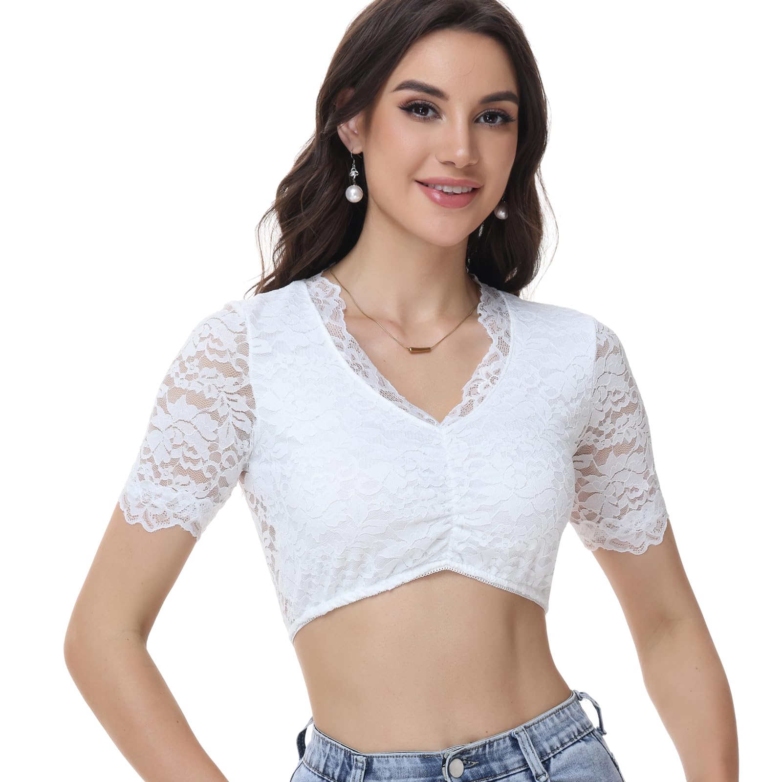 Ahigh Dirndl Bluse Damen Spitze Blumen Dirndlbluse Weiß Schwarz u.a. V-Ausschnitt Dirndl Blusen Kurzarm Elegant Trachtenbluse für Oktoberfest & Festliche Anlässe Größe 34-46