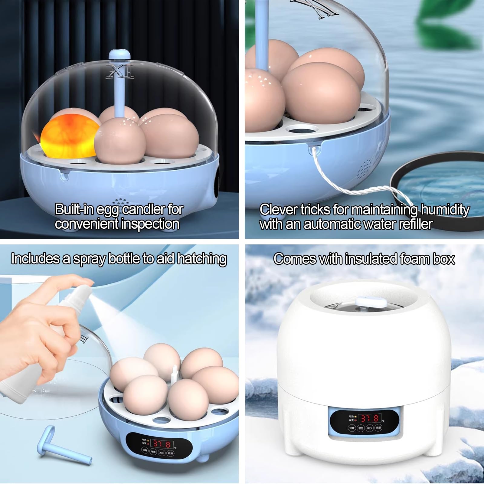 Mini Incubadora de Huevos con Volteo y Humedad Automáticos, Ovoscopio y Rellenado Automático de Agua; para Huevos de Gallina, Pato, Codorniz y Loro(6 Eggs)