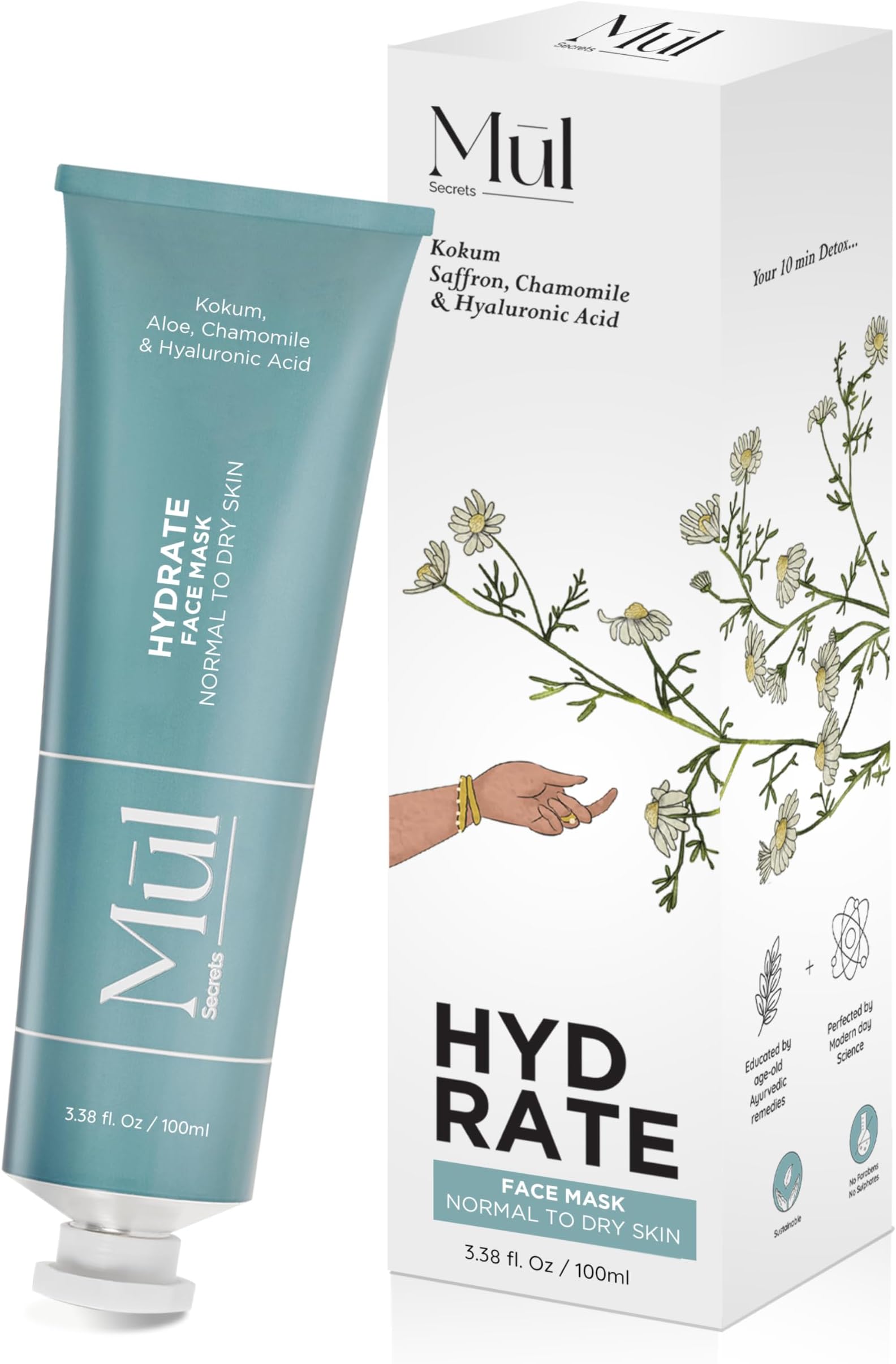 Mul Secrets 100 ml Hydrate Facemask & Scrub | Dry Skin Hydration, Softening, Brightening & Plump Skin | Hyaluronic Acid, Chamomile & Saffron (30+ Uses)