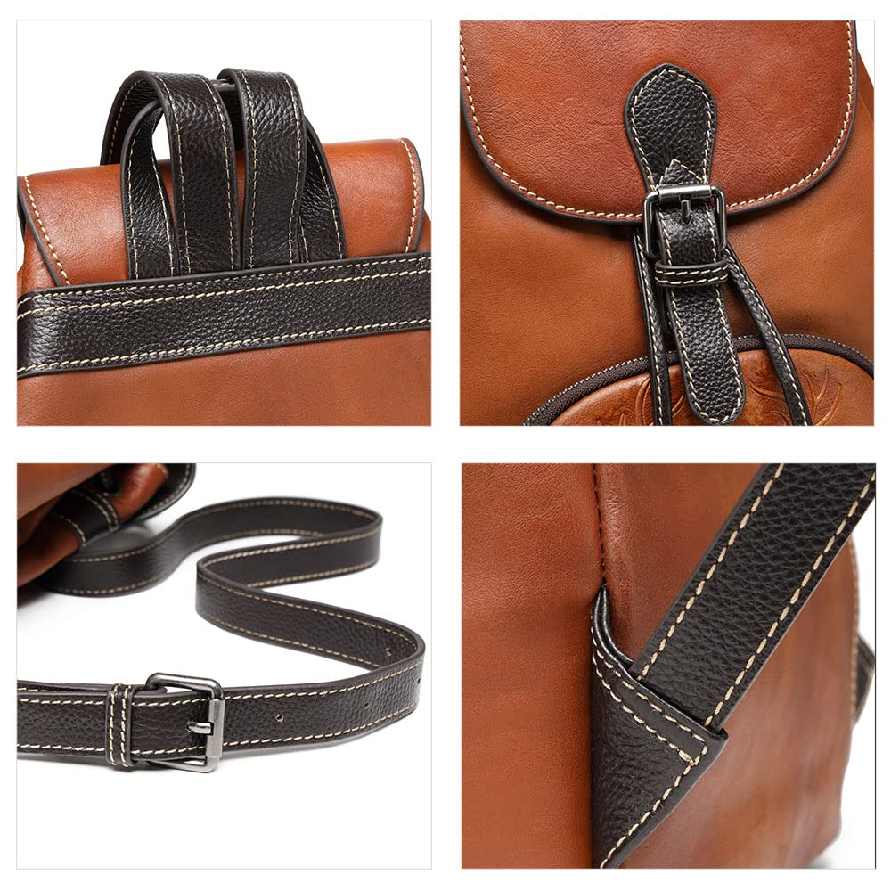 EBESA Women Vintage Genuine Leather Backpack Purse Fashion Rucksack Practical and Stylish Retro Daypack Bag (orange brown)