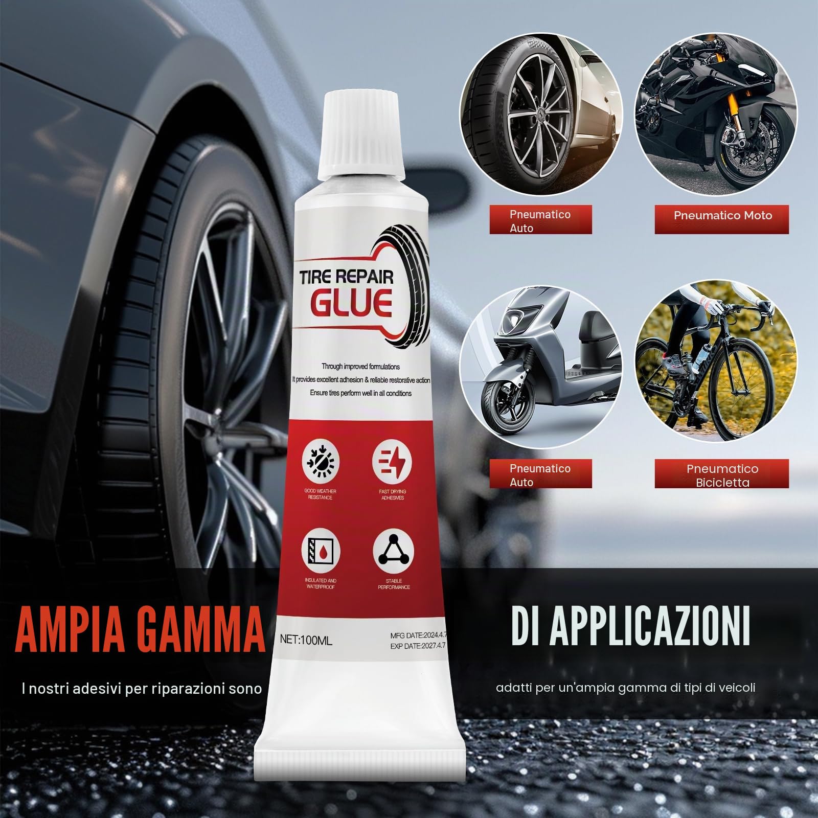 Colla per Riparazione Pneumatici Adesivo Gomma 100 Ml Nero Auto Moto Bicicletta