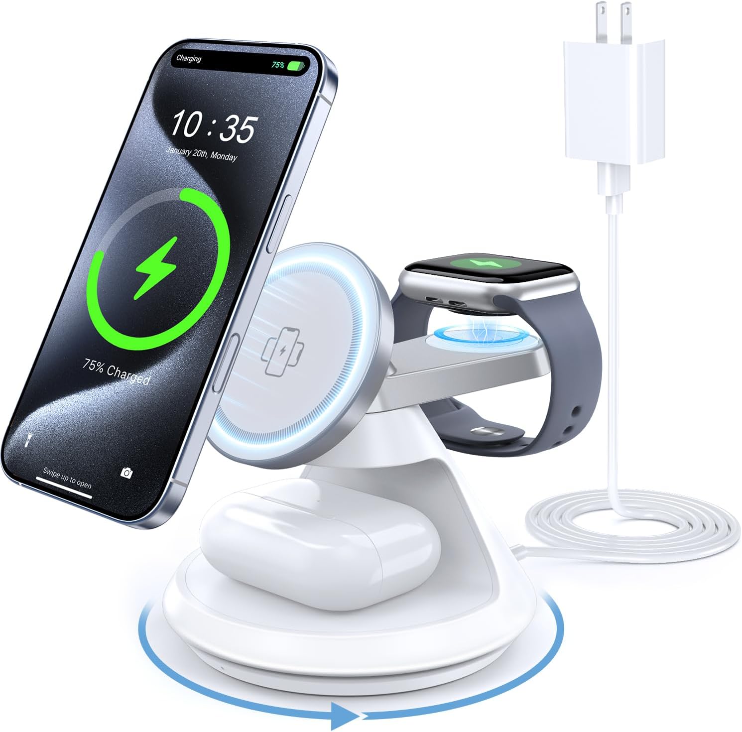 3 in 1 Charging Station for Apple MagSafe Charger Compat, 15W Magnetic Wireless Charger Stand, 360° Rotating Dock, Wireless Charging Station for iPhone 17 16 15 14 13 12 Series for iWatch for AirPods