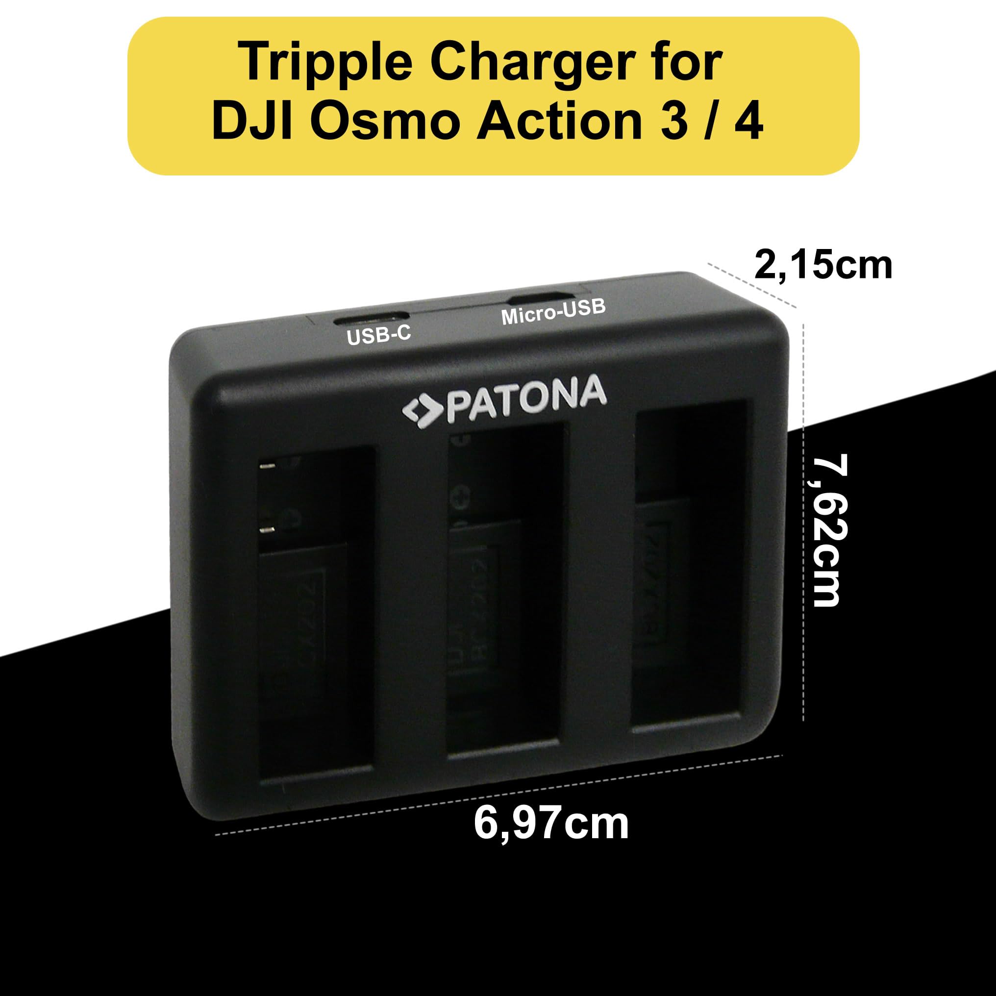 PATONA Potrójna ładowarka USB-C do DJI Osmo Action 3 4 5 6, BCX202 | Kompaktowa ładowarka podróżna (3-Fach) z kablem USB