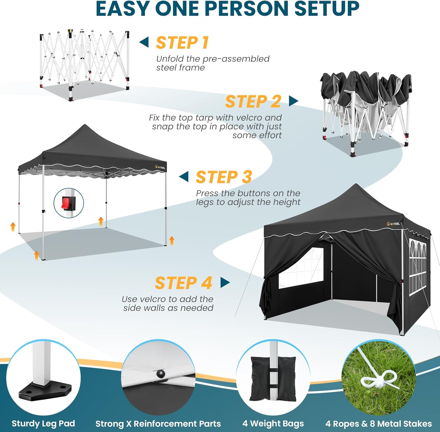 HOTEEL Canopy Tent 10x10 Pop Up Canopy with 4 Removable Sidewalls, Sandbags, Stakes & Ropes, UPF 50+ Easy Setup Event Shelter Waterproof Outdoor Instant Portable Gazebo for Party, Vendor, Black