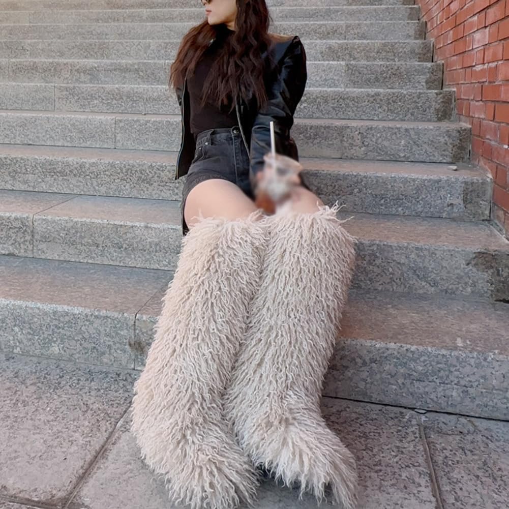 Faux Fur Tall Furry Boots for Women Plush Warm Snow Boots Fuzzy Boots Plush Warm Comfortable Outdoor Indoor Flat Shoes