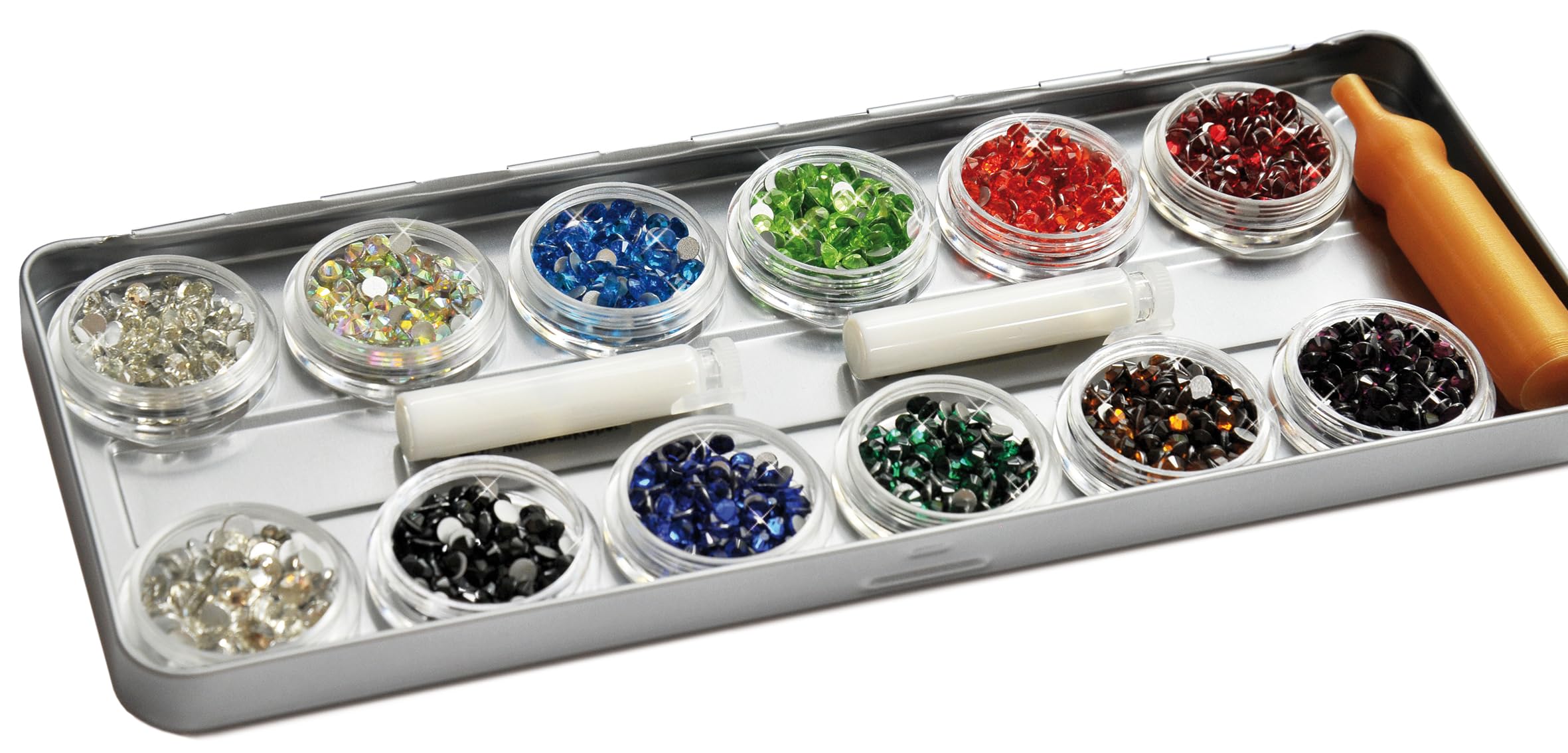 Eulenspiegel 212295 - Glitzersteine fürs Gesicht, Metallpallette, 12 x 2,5 g, inklusive Applikator, Wimpernkleber, Schwämmchen, für Festivals, Karneval