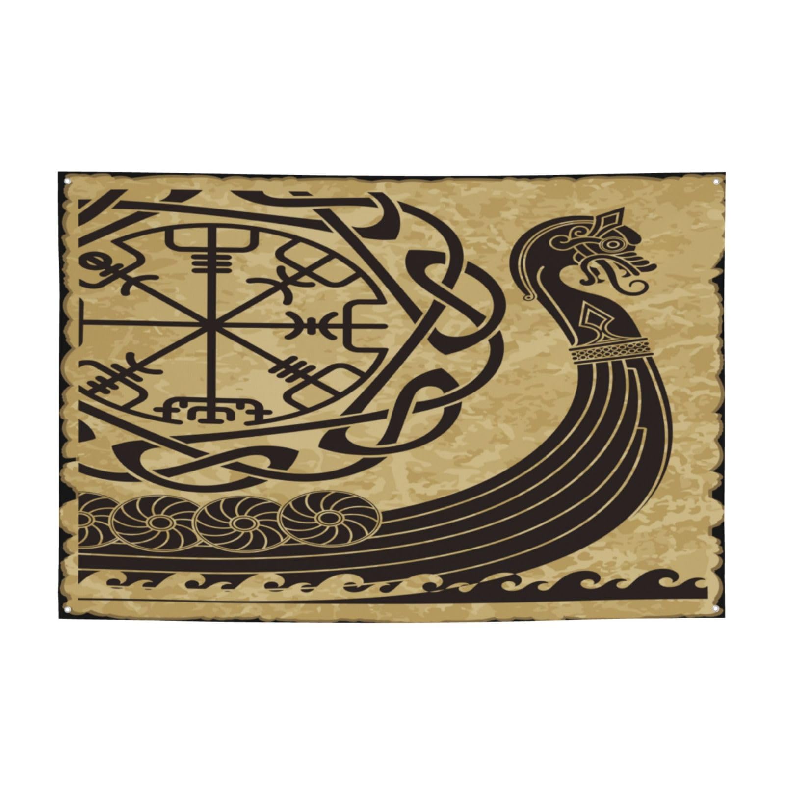 Decorative House Garden Yard Banner, Warship Viking Drakkar Norse Runes Print, Holiday Welcome Lawn Hanging Decor Party Flag Backdrop 4x6ft -(120x180cm)