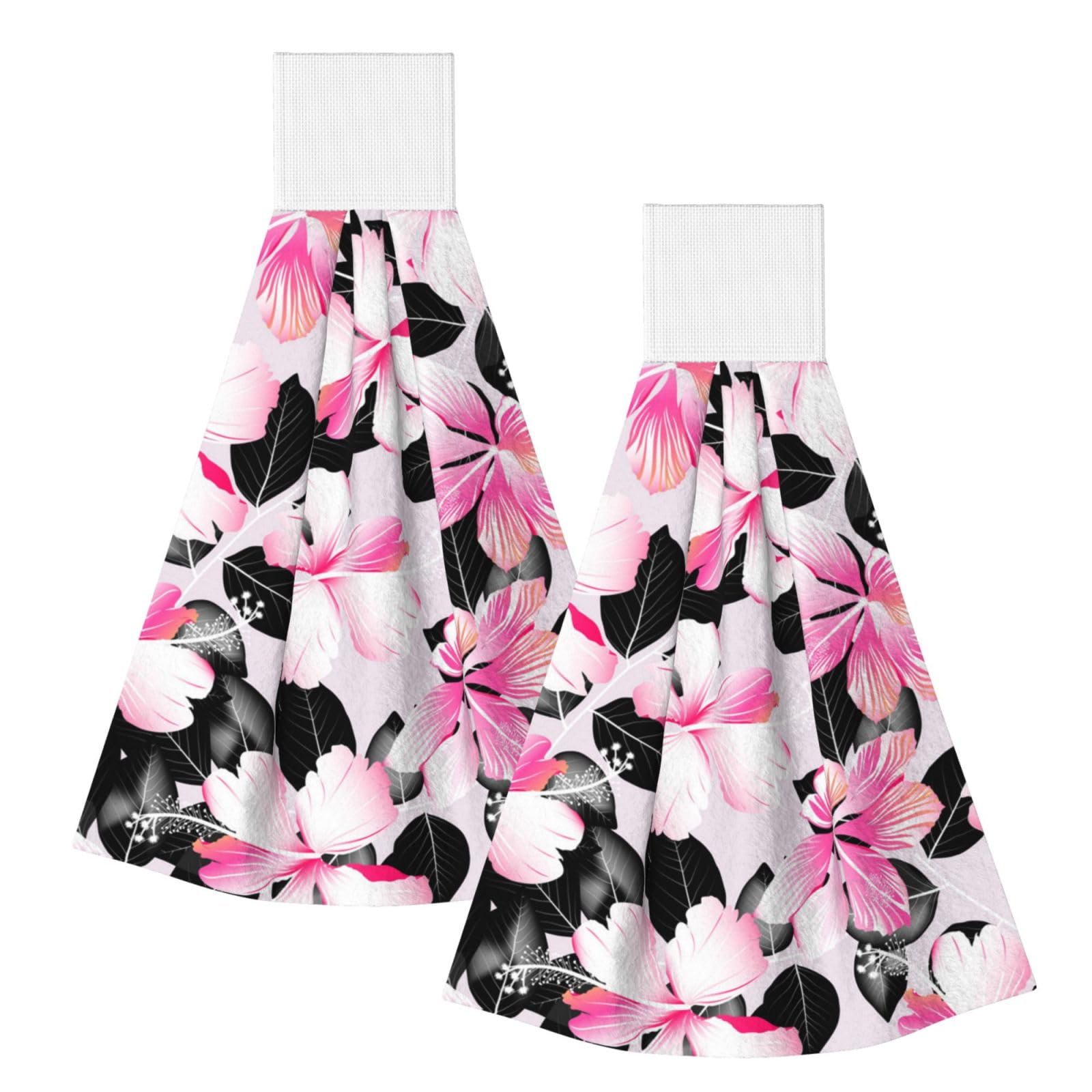 DOPKLNA Tropical Hibiscus Flowers With Black Leaves, 2 Pcs Hanging Coral Fiber Hand Towels for Bathroom, Absorbent Kitchen Towels