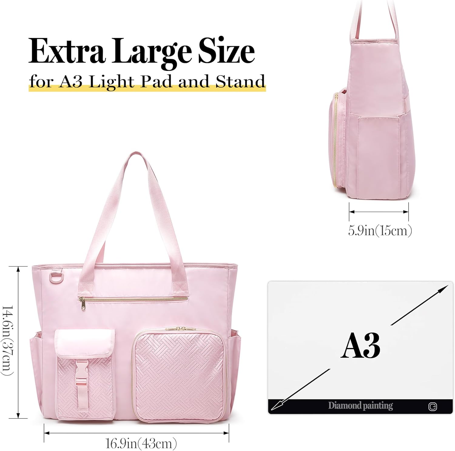 Fasrom Diamond Painting Carrying Case for A3 Light Pad, Diamond Painting Storage Bag with Padded Sleeve to Hold A3 LED Light Box and Diamond Art Supplies, Pink (Empty Bag Only)