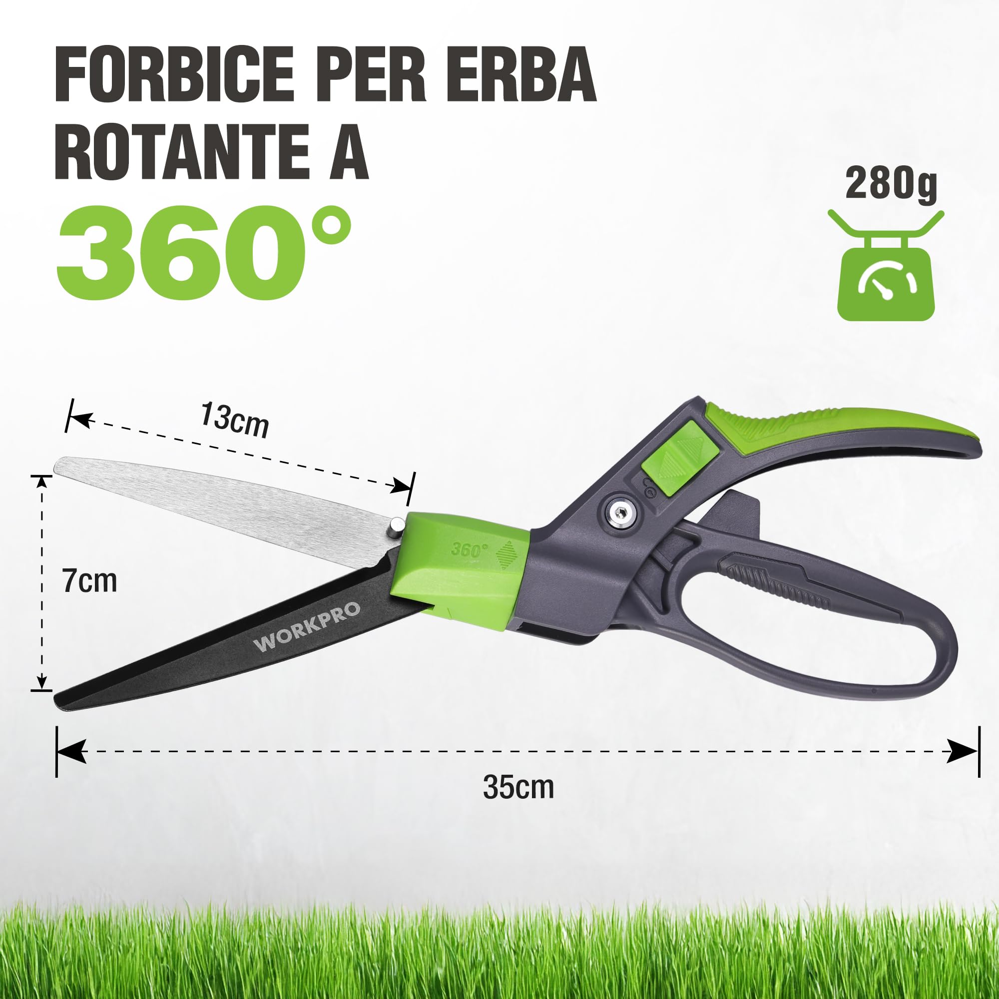 WORKPRO Forbici da Erba Rotanti 360°, Cesoie da Giardino 350mm con Lama Rivestita Antiruggine, Impugnatura Ergonomica, Blocco di Sicurezza per Prato, Piante e Bonsai