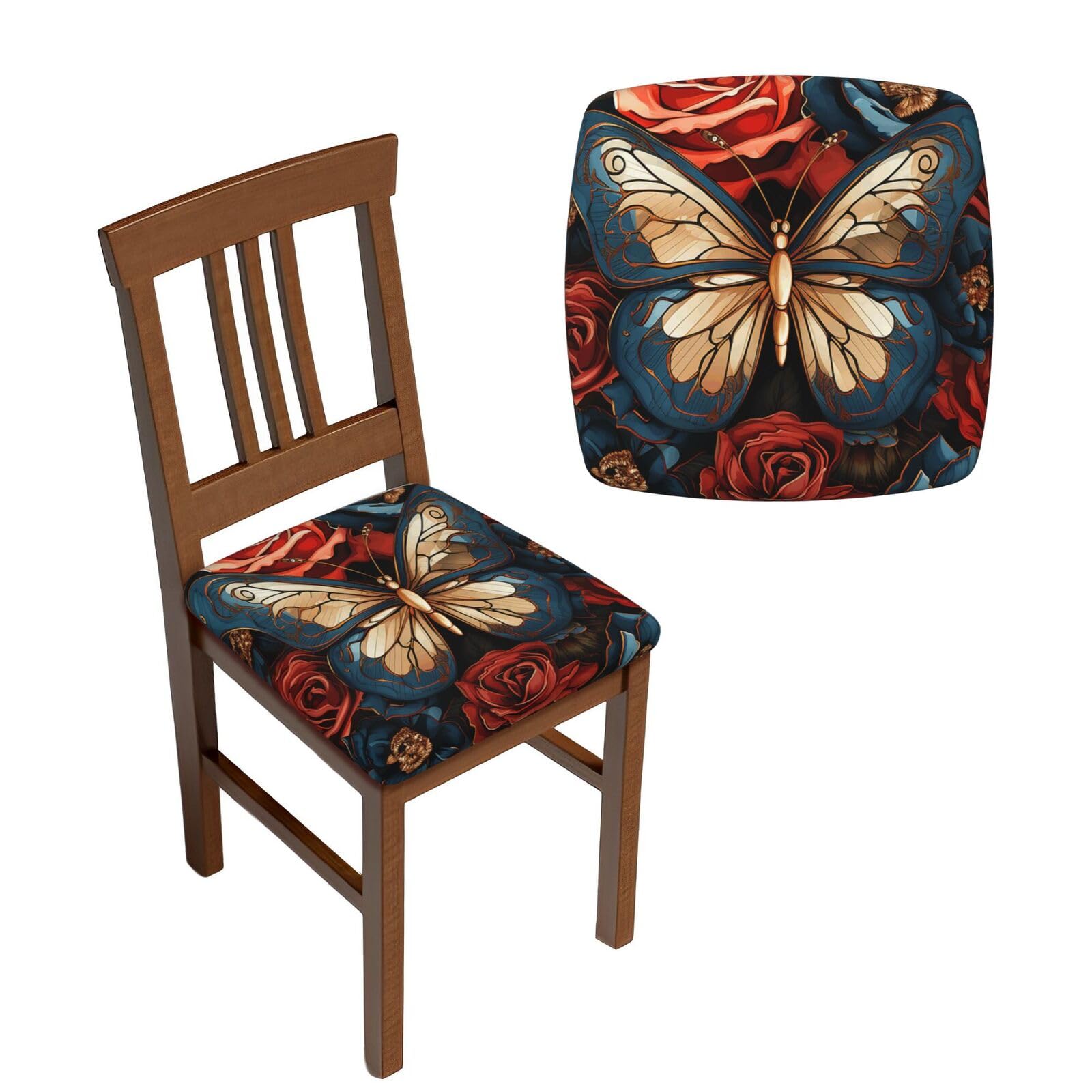 NONHAI 6PCS Dining Chair Seat Covers Set Butterflies and Roses Stretch Removable Chairs Covers Washable Seat Cushion Slipcovers Protector for Dining Room Kitchen Chairs