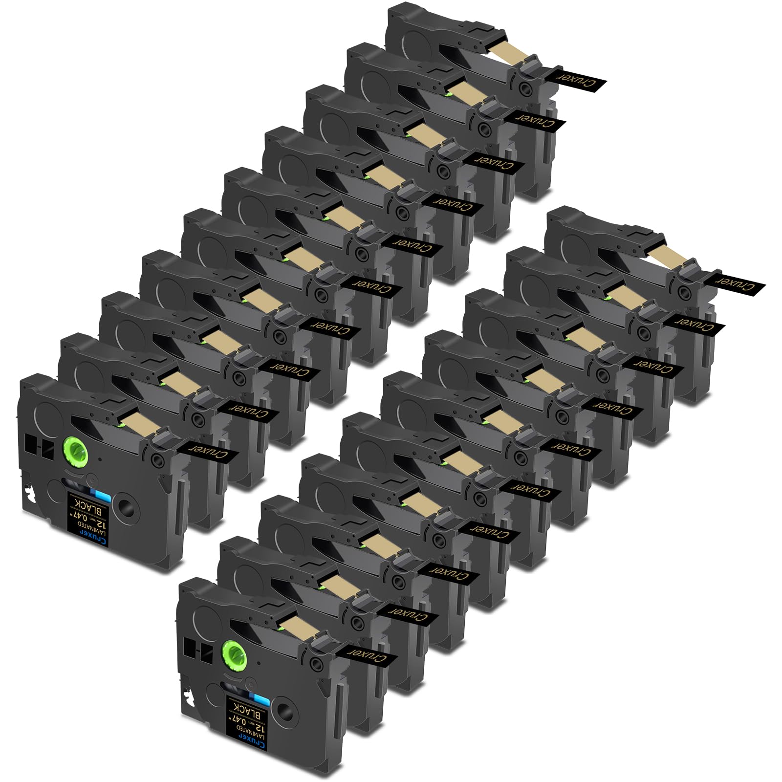 Cruxer Pack de 20 cintas laminadas doradas compatibles con Brother P-touch TZe-334, oro sobre negro de 0,47 pulgadas, 12 mm x 8 m, cinta de escritura de repuesto para Brother PT-H100 PT-200 PT-H105