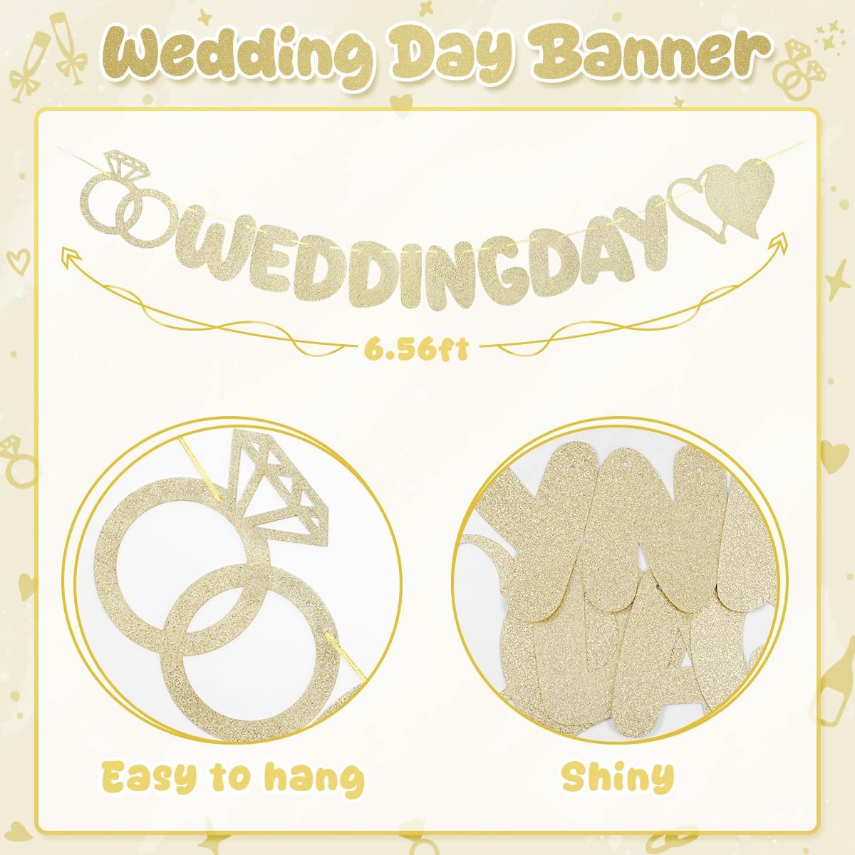Wedding Day Banner, Champagne Gold Glitter Wedding Banner with Hearts & Diamond Ring Shapes, Wedding Reception Decoration for Anniversary, Ceremony, Bridal Shower & Engagement Party