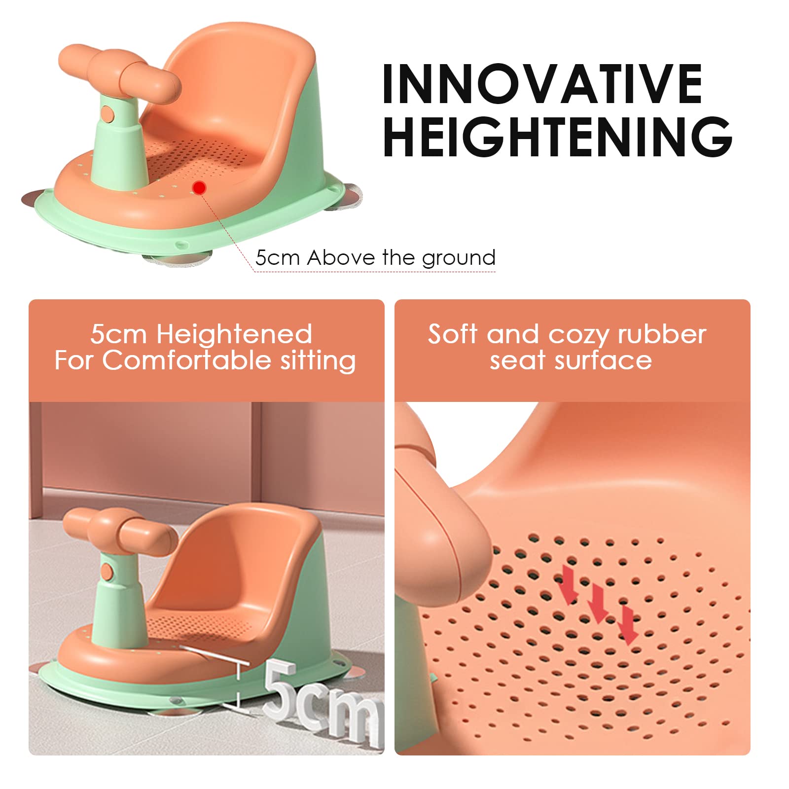 SONARIN Asiento Bañera Bebe,Antideslizante Seguro Asiento de Baño Sillón de Baño Silla Bañera Bebe Sillón de Ducha con Respaldo & 4 Ventosas para Bebe de 6 a 18 Meses(Naranja)